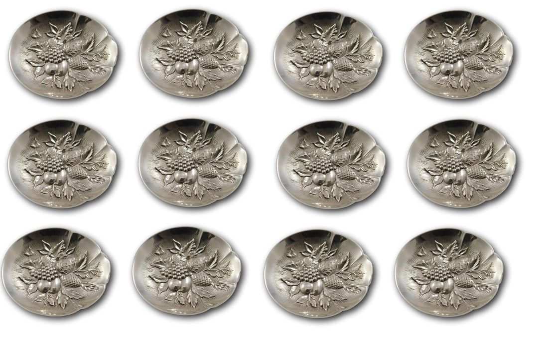 Kirk Sterling Silver Repousse Nut Dish Set of 12 Custom Made: Kirk Sterling Silver Repousse Nut Dish Set of 12 Custom Made This exquisite set features twelve individual nut dishes crafted from sterling silver, showcasing the intricate Repousse pattern by Kirk. E