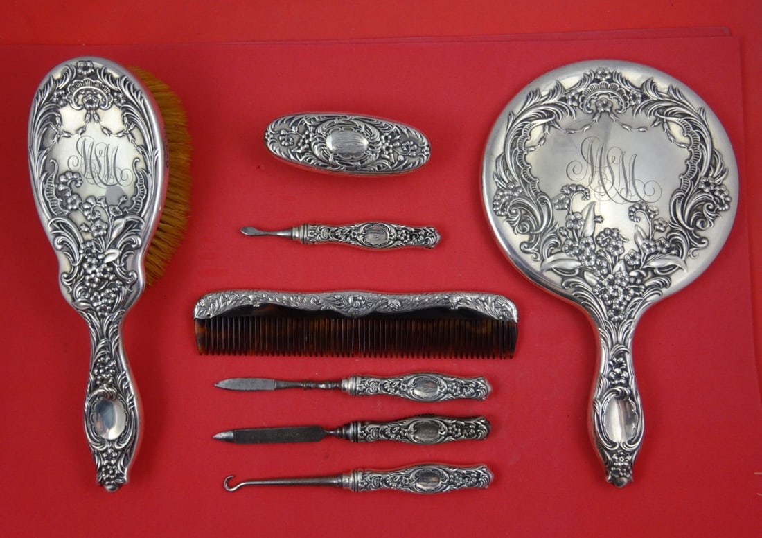 Whiting Dresden Sterling Silver 8pc Vanity Dresser Set Monogrammed: Whiting Dresden Sterling Silver 8pc Vanity Dresser Set Monogrammed Experience elegance with this exquisite Dresden by Whiting sterling silver vanity dresser set, featuring eight meticulously crafted p