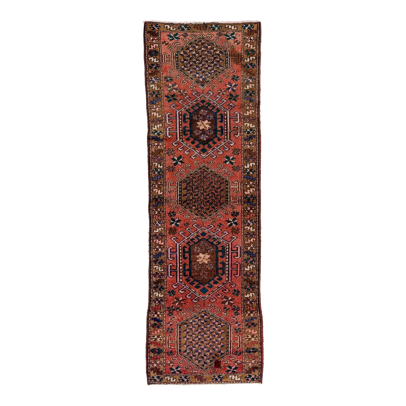 Vintage 1950s Persian Heriz Hand-knotted Wool Rug Tribal Design 2'10 x 9'4: Vintage 1950s Persian Heriz Hand-knotted Wool Rug Tribal Design 2'10 x 9'4 This exquisite vintage Persian Heriz rug, handcrafted in the 1950s, features a striking red field adorned with a vibrant mult