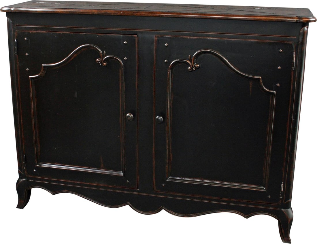 French Provincial Sideboard with Antiqued Blackwash Walnut Top: French Provincial Sideboard with Antiqued Blackwash Walnut Top This exquisite French Country Sideboard combines antique charm with modern functionality. Crafted in a vintage style, it features a stunn