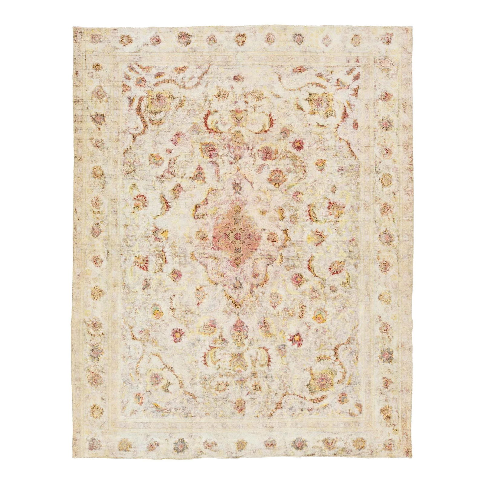 Antique Handmade Kerman Persian Wool Rug Beige 9'5 x 12'1: Antique Handmade Kerman Persian Wool Rug Beige 9'5 x 12'1 Elevate your space with this exquisite handmade Kerman Persian wool rug. Featuring a stunning beige field embellished with vibrant yellow and