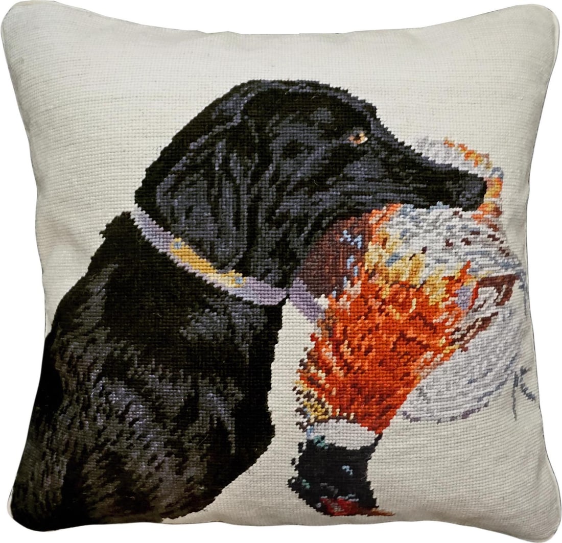 Handmade Needlepoint Pillow Black Lab Pheasant 18x18 English Traditional: Handmade Needlepoint Pillow Black Lab Pheasant 18x18 English Traditional Enhance your home decor with this exquisite handmade needlepoint pillow featuring a charming black lab with a pheasant design.