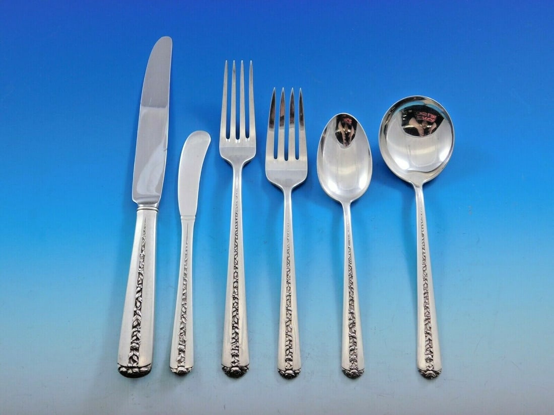 Towle Rambler Rose Sterling Silver Flatware Set for 12 75 Pieces: Towle Rambler Rose Sterling Silver Flatware Set for 12 75 Pieces Introducing the exquisite Rambler Rose Sterling Silver Flatware Set by Towle, designed to serve 12. This post-1940 heirloom-quality set