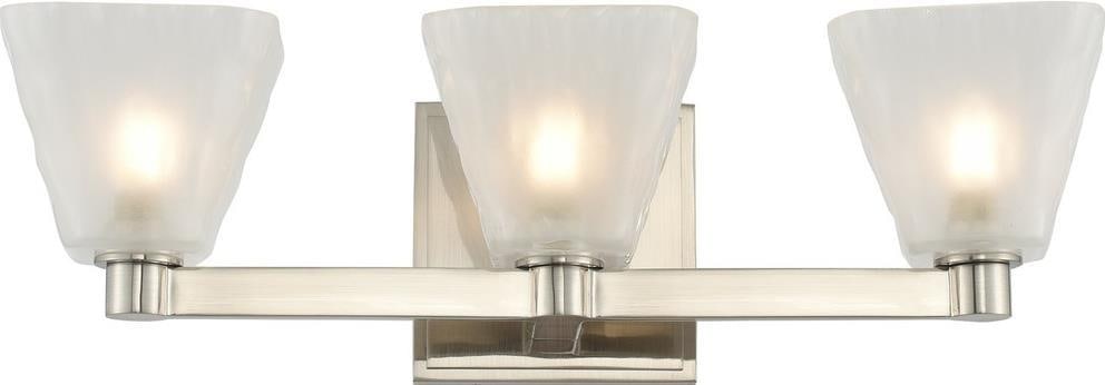 Kalco 3-Light Modern Nickel Bath Light with Frosted Glass Shades: Kalco 3-Light Modern Nickel Bath Light with Frosted Glass Shades Illuminate your bathroom with this stylish Modern Nickel Bath Light, featuring a sleek design and frosted glass shades. This transition