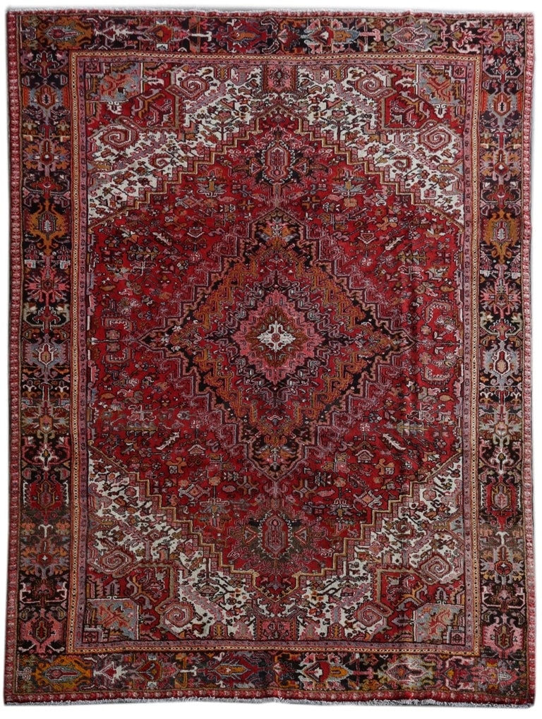 Handcrafted 9'2 x 12'0 Deep Red Persian Heriz Rug: Handcrafted 9'2 x 12'0 Deep Red Persian Heriz Rug Free continental US Shipping This exquisite 9.2 x 12.0 deep red Persian Heriz rug is a handcrafted masterpiece created by skilled Persian artisans. Fe