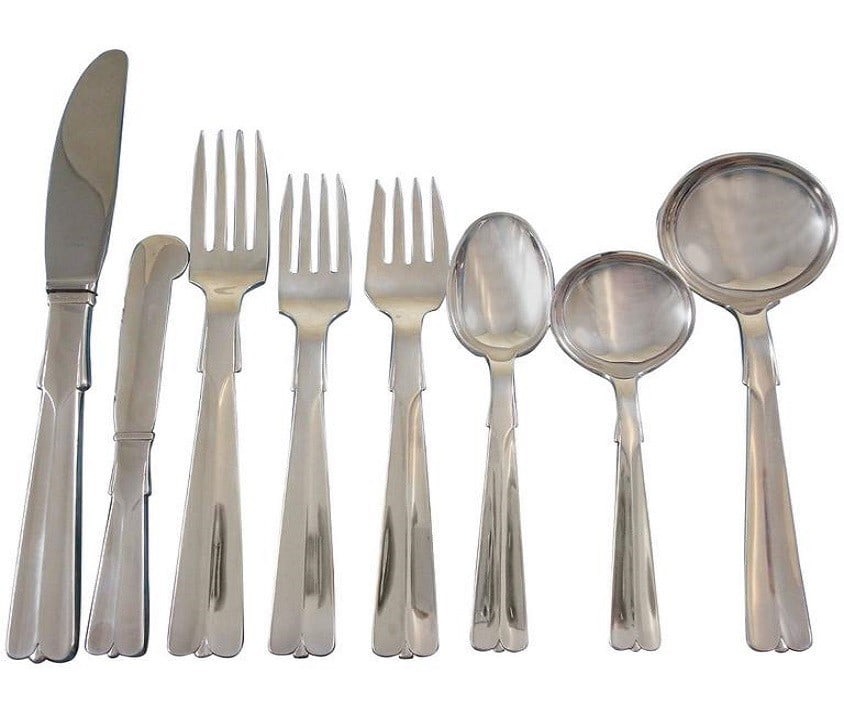 Hans Hansen Arvesolv #7 Sterling Silver Flatware Set 95 Pieces with Storage Chest: Hans Hansen Arvesolv #7 Sterling Silver Flatware Set 95 Pieces with Storage Chest Discover the elegance of the Baronet, also known as Arvesolv #7, a stunning sterling silver flatware set designed by H