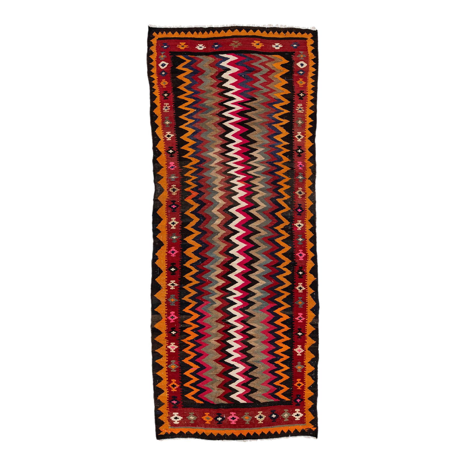 Vintage Turkish Kilim Wool Rug Red Geometric Design 4'10 x 12'4: Vintage Turkish Kilim Wool Rug Red Geometric Design 4'10 x 12'4 This stunning vintage Turkish Kilim features a vibrant red field and a decorative red frame, complemented by multicolor accents showcasi