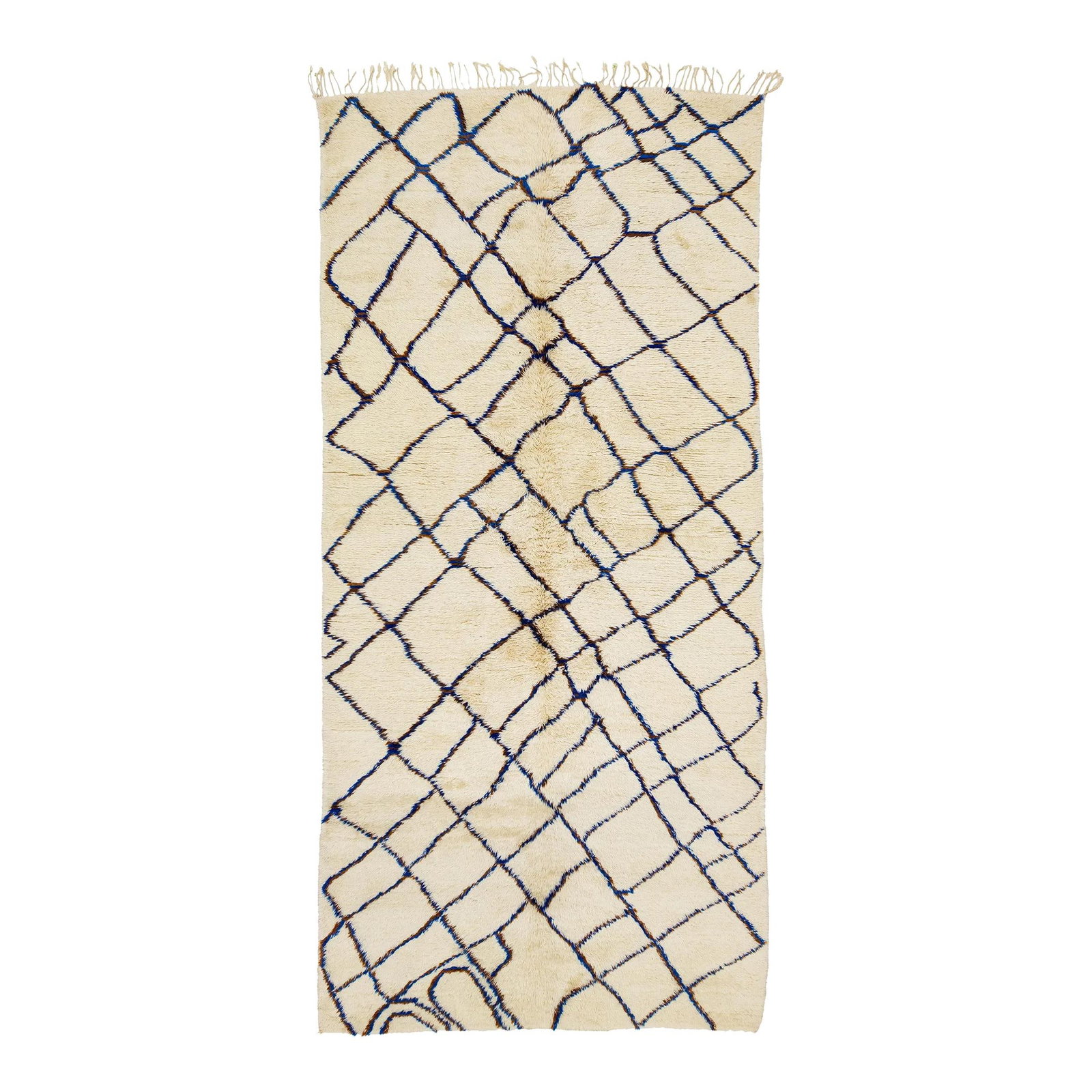 Ivory Modern Handmade Moroccan Wool Rug 6'1 x 12'11: Ivory Modern Handmade Moroccan Wool Rug 6'1 x 12'11 Elevate your space with this exquisite modern Moroccan hand-knotted wool rug, featuring a serene natural ivory field. The rug showcases a stunning,