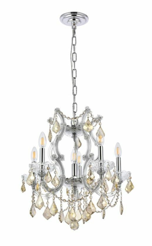 Maria Theresa 20" Chrome and Golden Teak Crystal 6-Light Chandelier Pendant: Maria Theresa 20" Chrome and Golden Teak Crystal 6-Light Chandelier Pendant This modern chandelier features a chrome finish and golden teak royal cut glass crystals for a sophisticated look. Designed