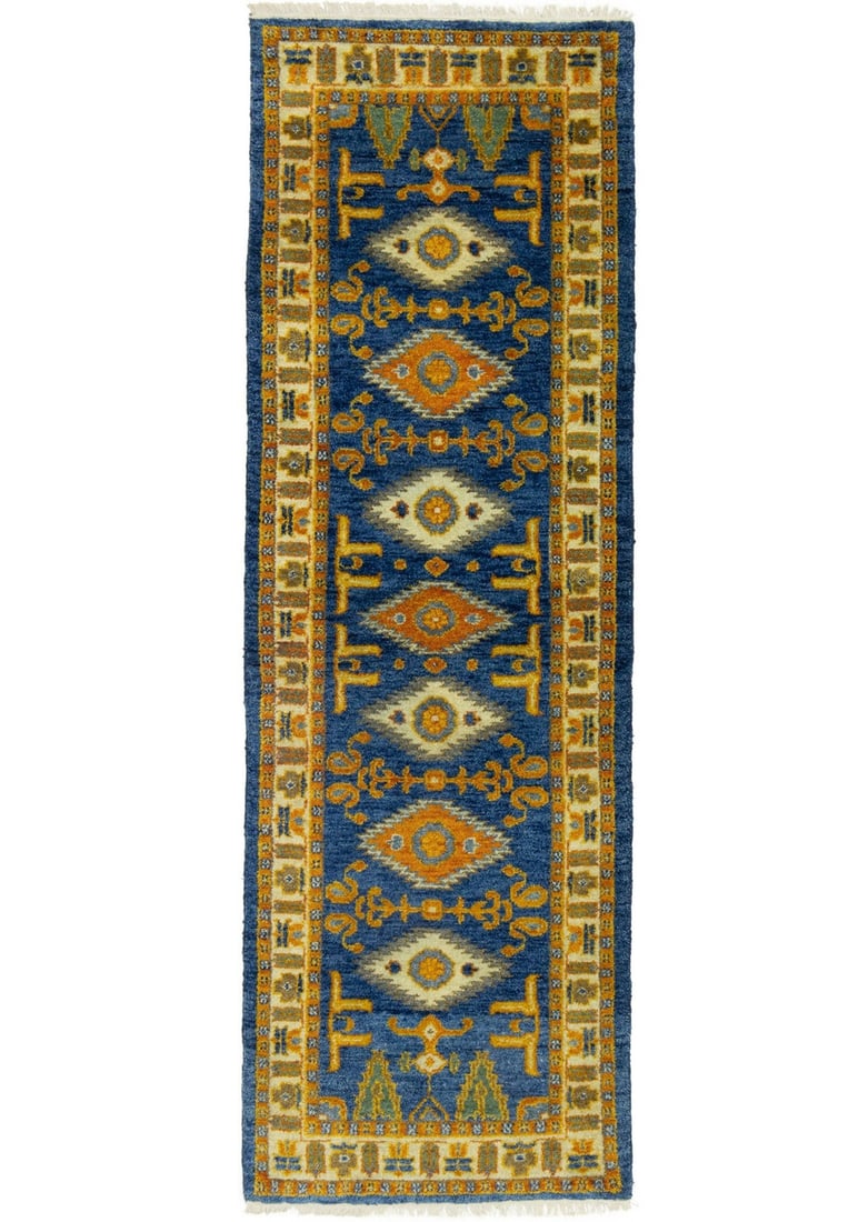 Hand-Knotted Wool Runner Rug Blue Geometric Kazak Pattern 2'8 x 8'1: Hand-Knotted Wool Runner Rug Blue Geometric Kazak Pattern 2'8 x 8'1 This vintage style blue geometric Kazak runner rug features a modern tribal pattern with a rectangular shape. Hand-knotted in India