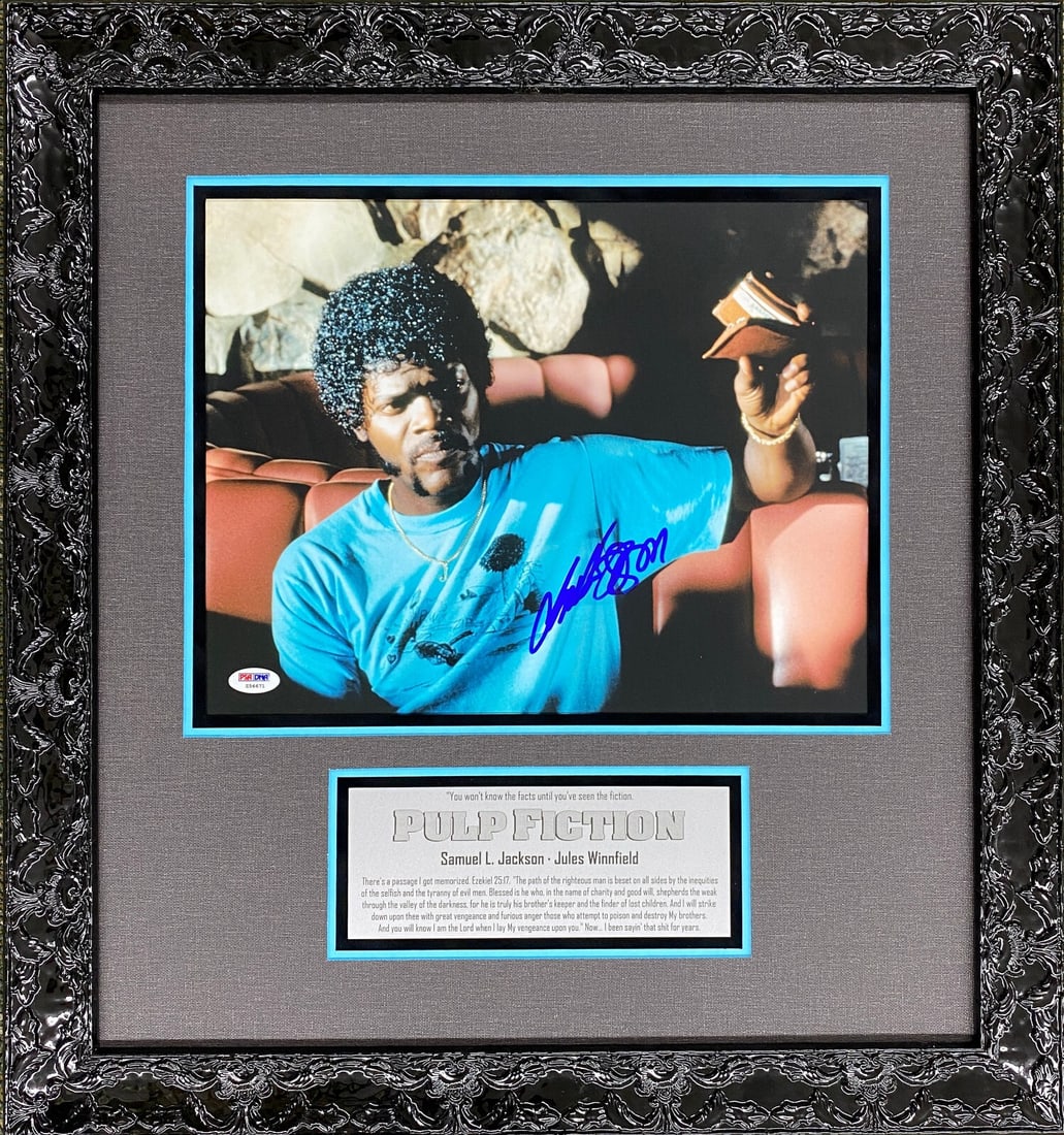 Samuel L. Jackson Signed Pulp Fiction 11x14 Photo Custom Framed PSA/DNA: Samuel L. Jackson Signed Pulp Fiction 11x14 Photo Custom Framed PSA/DNA This stunning 11"x14" photo from the iconic film Pulp Fiction, signed by the legendary Samuel L. Jackson, is a must-have for any