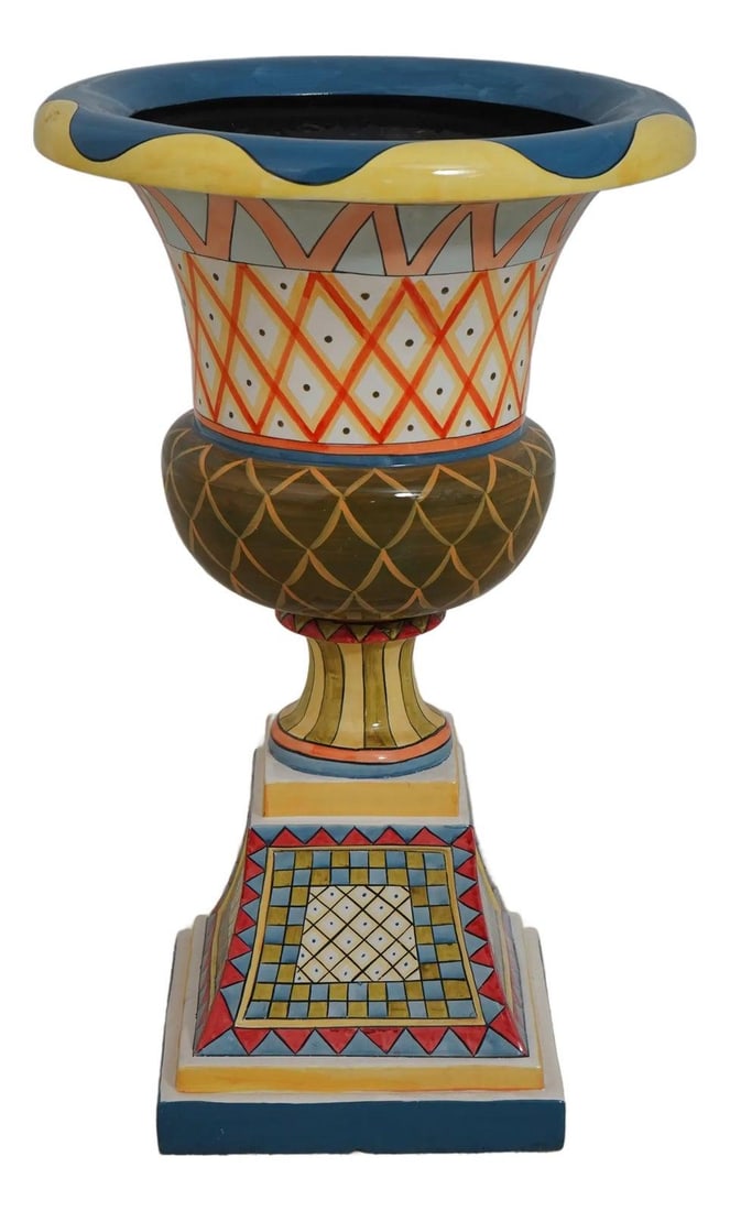 Mackenzie Childs Whimsical 26.5 Inch Composite Vase Planter: Mackenzie Childs Whimsical 26.5 Inch Composite Vase Planter This enchanting Mackenzie Childs style composite vase planter showcases whimsical patterns that add a delightful touch to any space. Approxi