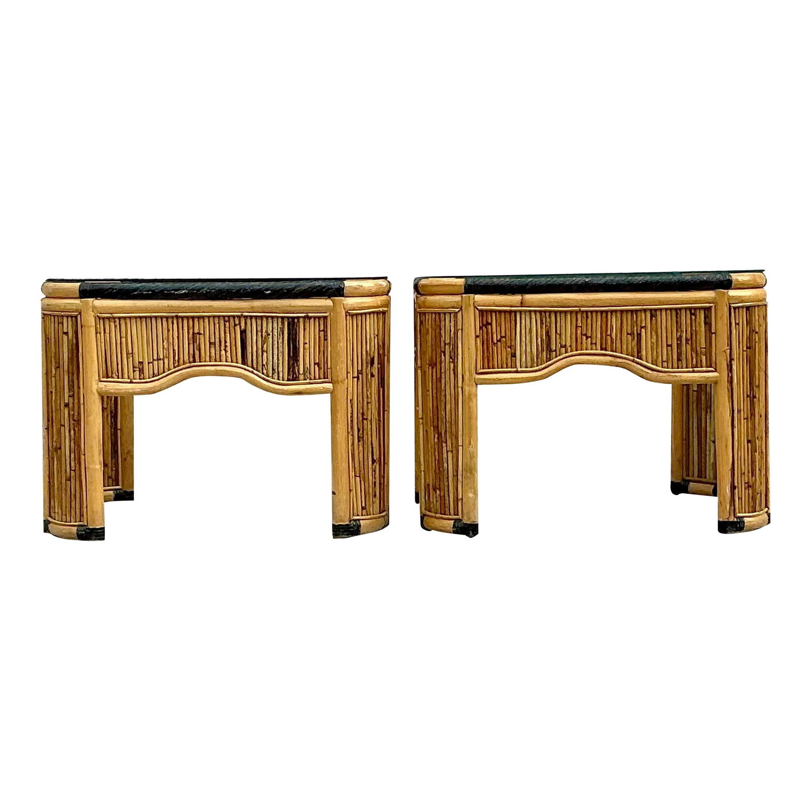 Charming Vintage Coastal Pencil Reed Side Tables Pair: Charming Vintage Coastal Pencil Reed Side Tables Pair Elevate your living space with this delightful pair of vintage coastal pencil reed side tables. Crafted from natural rattan, these tables feature