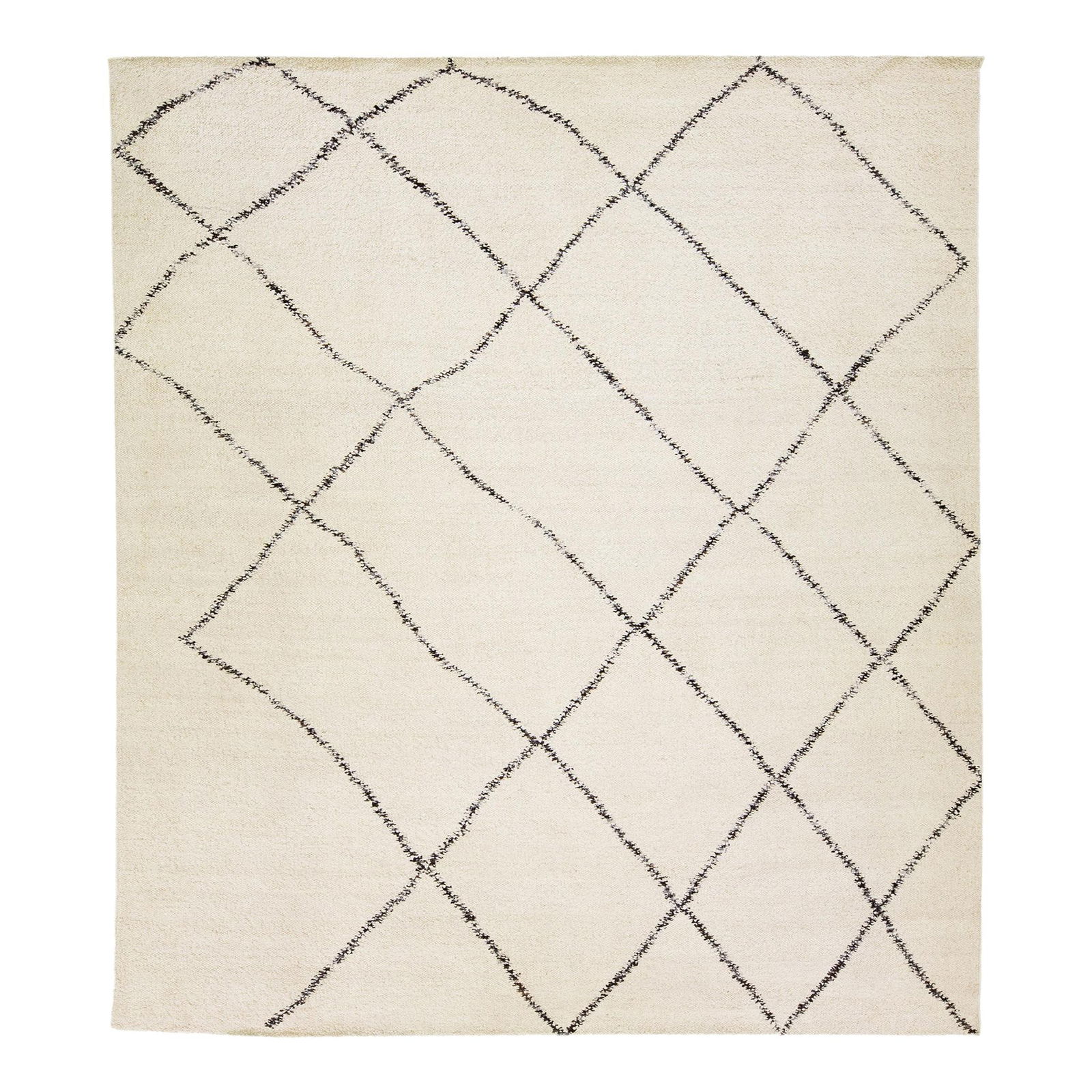 Handmade Moroccan Wool Rug 12' x 15' Ivory Geometric Design: Handmade Moroccan Wool Rug 12' x 15' Ivory Geometric Design Enhance your space with this stunning modern Moroccan style hand-knotted wool rug. Featuring an elegant ivory field adorned with a striking