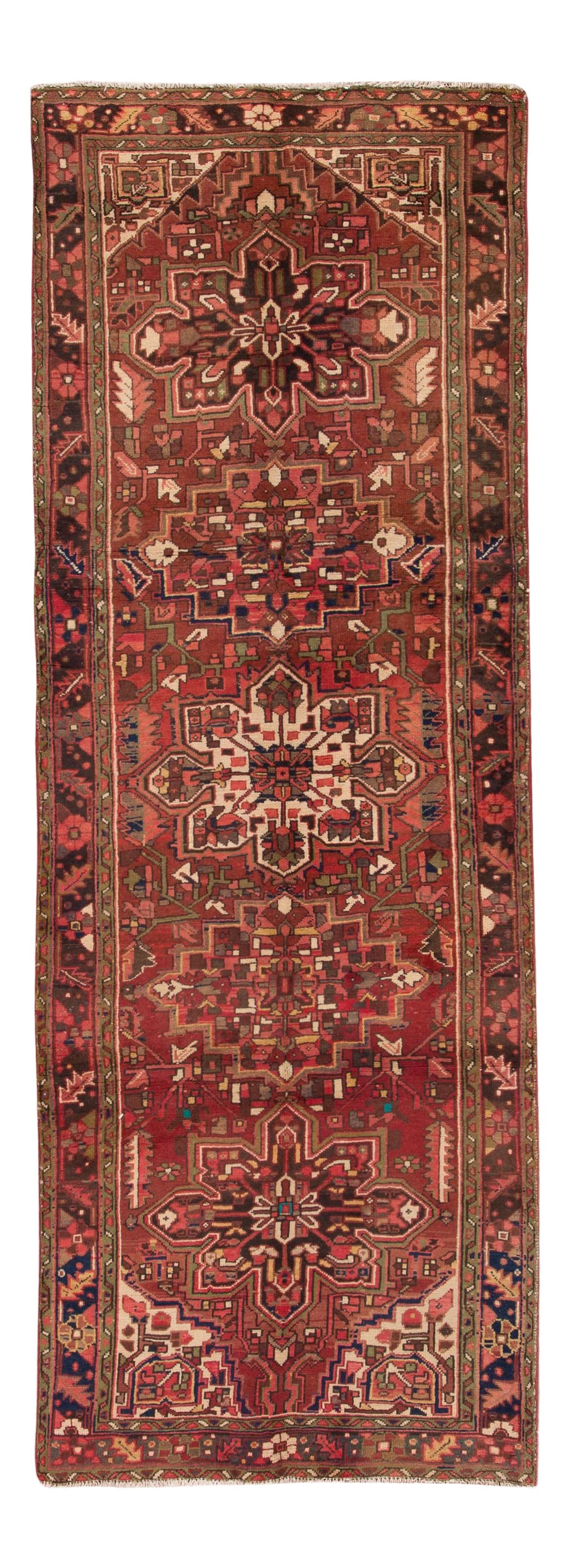 Vintage Heriz Handmade Wool Rug Red Geometric 3'7 x 9'9: Vintage Heriz Handmade Wool Rug Red Geometric 3'7 x 9'9 Enhance your space with this exquisite Vintage Heriz Handmade Wool Rug, featuring a striking red field adorned with multicolor accents in a capt