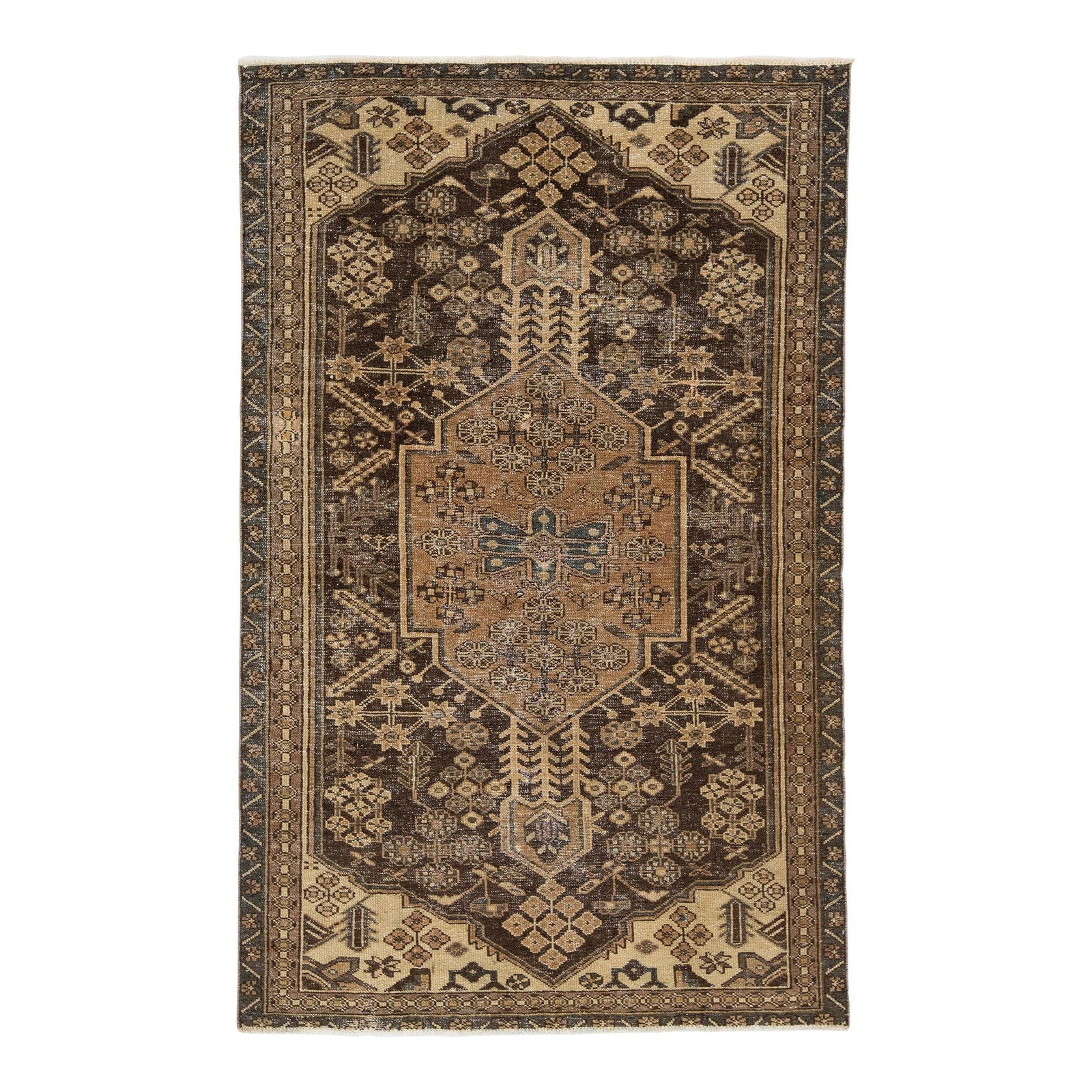 Vintage Handmade Brown Wool Rug 4'1 x 6'7 Allover Design: Vintage Handmade Brown Wool Rug 4'1 x 6'7 Allover Design Enhance your living space with this Vintage Handmade Distressed Hand-Knotted Wool Rug. Featuring a rich brownfield with beige accents and an el