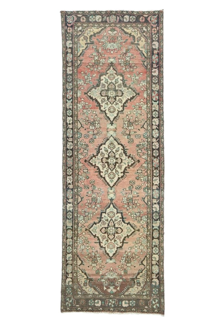 Vintage Hand-Knotted Floral Tribal Runner Rug 3'3 x 9'7 Wool: Vintage Hand-Knotted Floral Tribal Runner Rug 3'3 x 9'7 Wool Enhance your living space with this stunning vintage distressed floral tribal oriental runner rug. Measuring 3'3" x 9'7", this hand-knotted