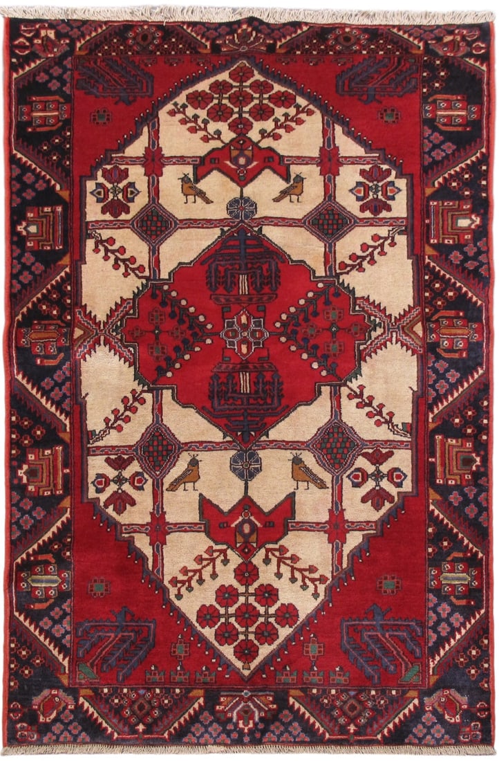 Handcrafted 4.4 x 6.7 Red Persian Hamadan Area Rug: Handcrafted 4.4 x 6.7 Red Persian Hamadan Area Rug Free continental US Shipping Elevate your living space with the exquisite craftsmanship of this 4' 4" x 6' 7" Red Persian Hamadan Rug. Handcrafted by