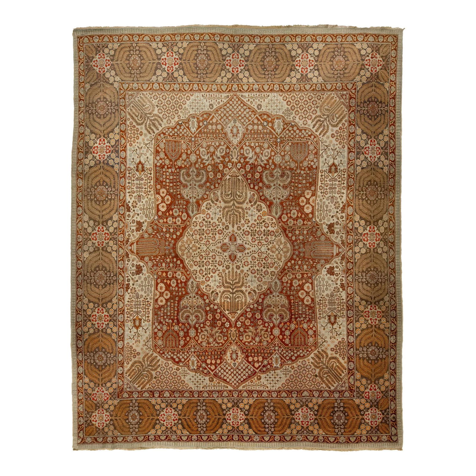 Antique Persian Tabriz Wool Rug 10'9 x 13'9 Orange Design: Antique Persian Tabriz Wool Rug 10'9 x 13'9 Orange Design Experience the elegance of this exquisite antique Persian Tabriz wool rug, hand-knotted with care. Featuring a vibrant orange field adorned wi