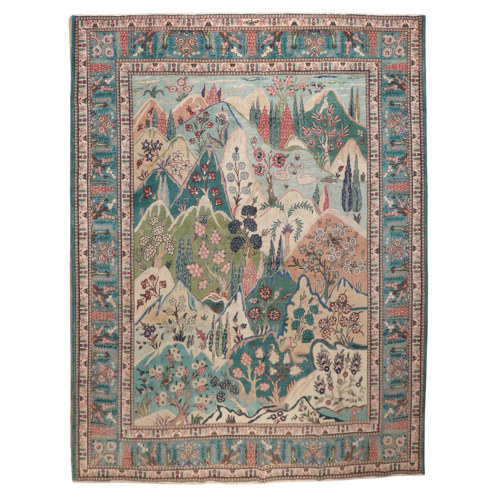 Vintage Persian Tabriz Scenic Pictorial Carpet 9'8 x 12'11 Wool Hand-Knotted Iran 1930s: Vintage Persian Tabriz Scenic Pictorial Carpet 9'8 x 12'11 Wool Hand-Knotted Iran 1930s Explore the exquisite craftsmanship of this vintage Persian Tabriz pictorial scenic carpet, expertly hand-knotte