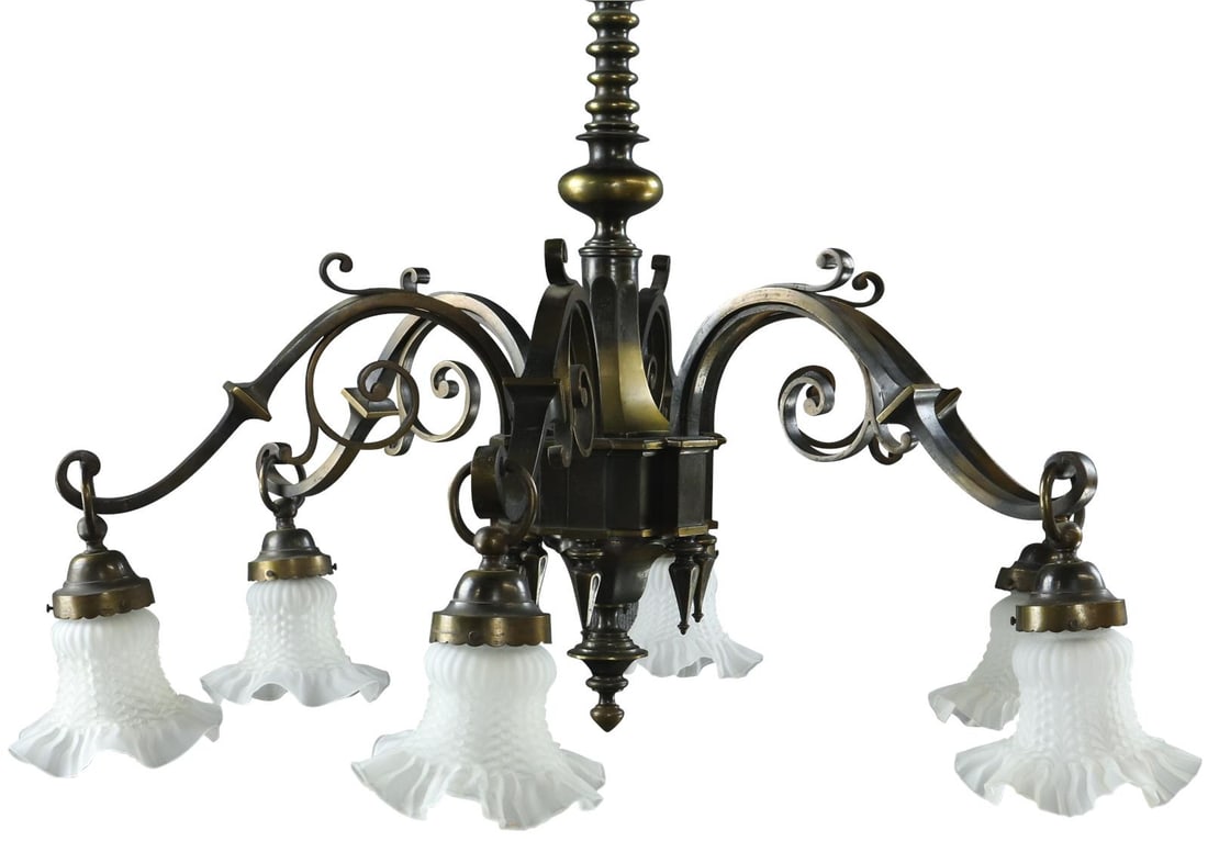 Vintage French Gothic-Style Bowl Chandelier 6-Light Dimpled Glass Metal: Vintage French Gothic-Style Bowl Chandelier 6-Light Dimpled Glass Metal Elevate your space with this Stunning Gothic-Style Vintage French Chandelier, a striking fixture that brings a touch of elegance