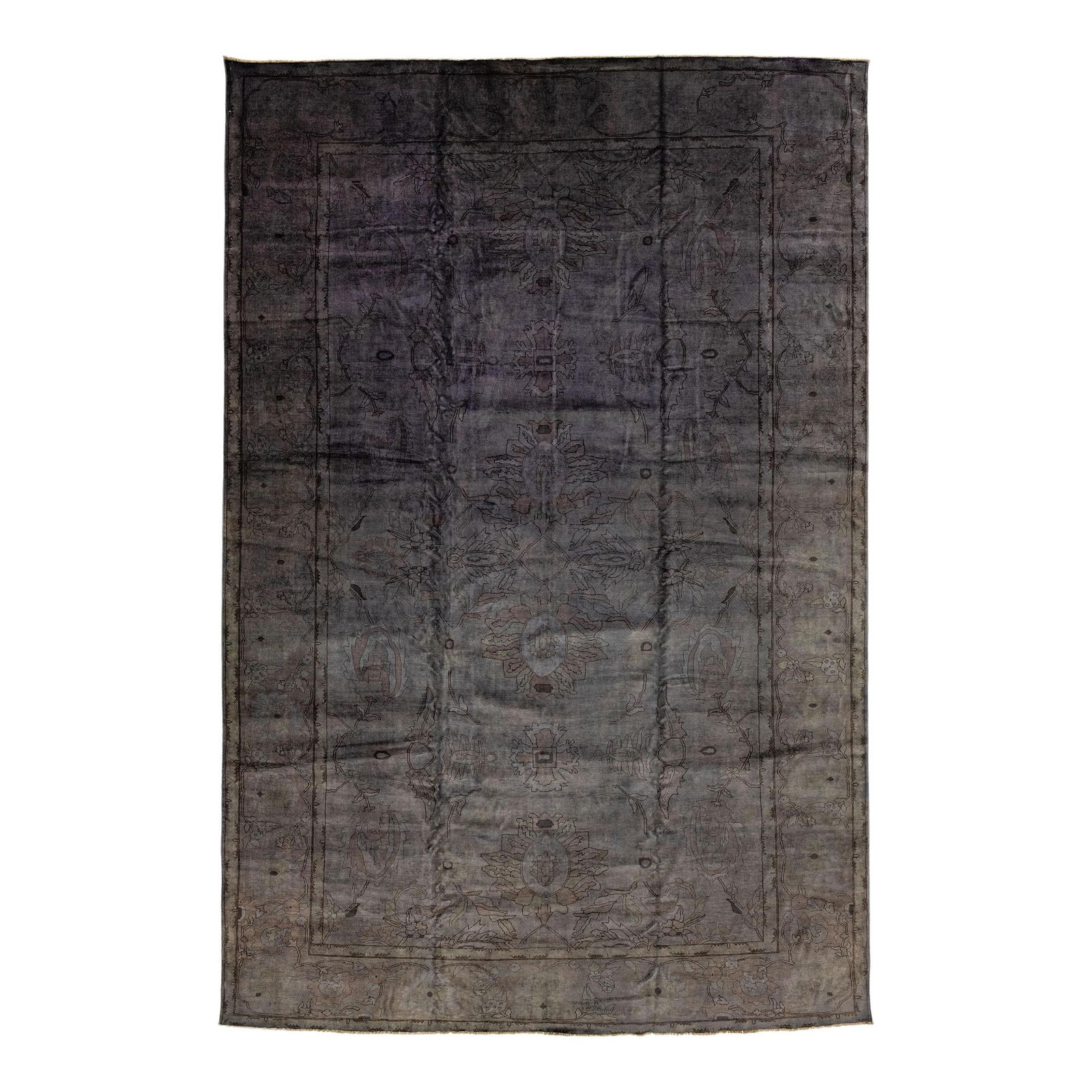 Modern Overdyed Gray Floral Handmade Wool Rug 12'2" x 18'3": Modern Overdyed Gray Floral Handmade Wool Rug 12'2" x 18'3" This stunning modern overdyed wool rug features a beautiful gray field adorned with an all-over floral design in earthy tones. Hand-knotted