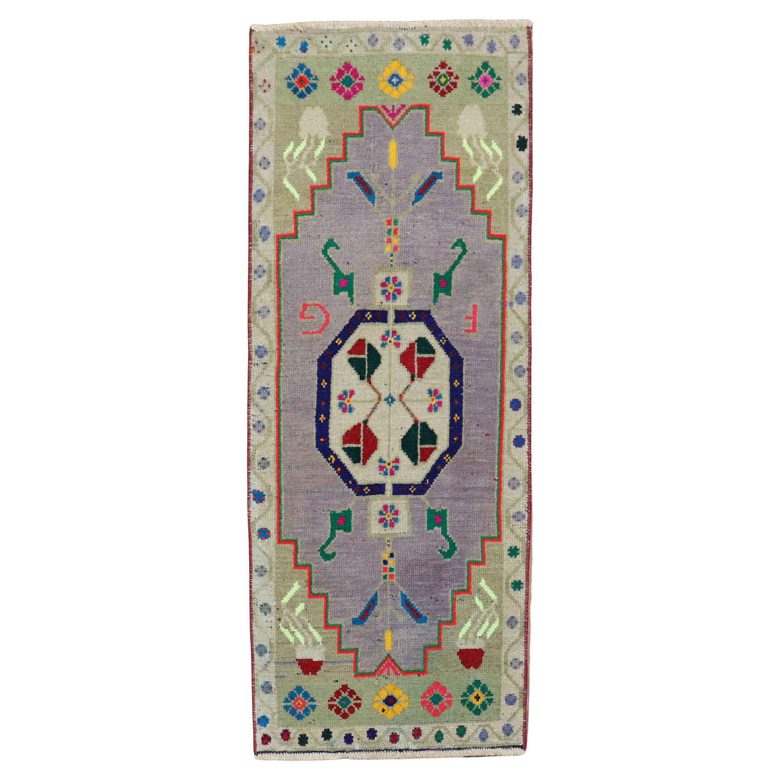 Unique Mid-Century Turkish Anatolian Hand-Woven Wool Rug 18x45 in: Unique Mid-Century Turkish Anatolian Hand-Woven Wool Rug 18x45 in Discover this unique mid-20th century quirky Turkish Anatolian mat rug, perfect for adding a touch of character to your space. Crafted