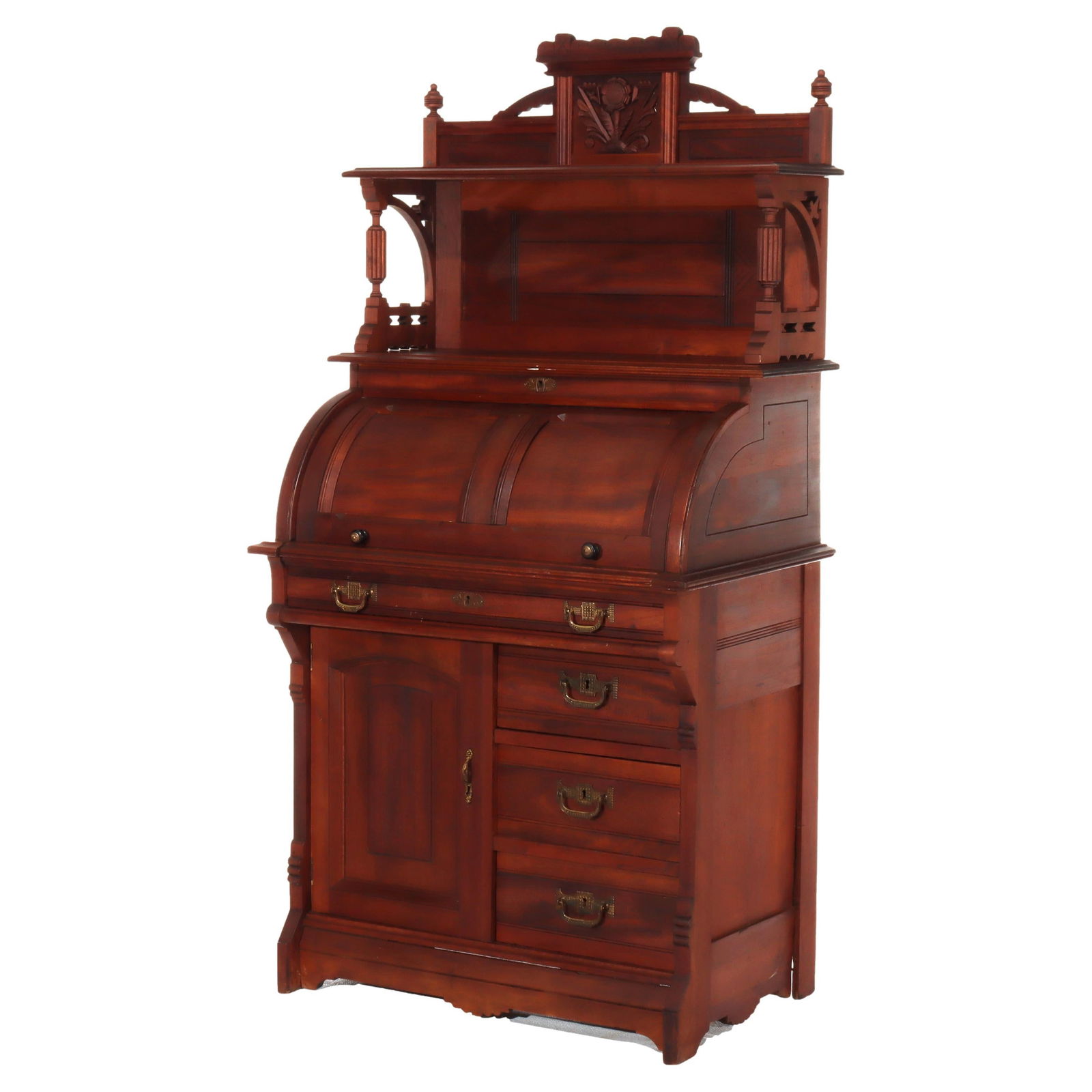 Victorian Eastlake Walnut Cylinder Roll Top Secretary Desk c1890: Victorian Eastlake Walnut Cylinder Roll Top Secretary Desk c1890 This exquisite Antique Victorian Eastlake Walnut Cylinder Roll Top Paneled Secretary Desk, crafted circa 1890, combines timeless elegan