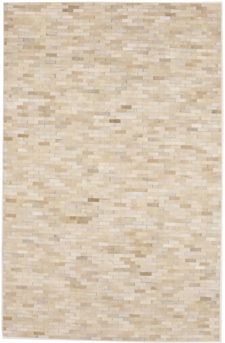 Beige and Cream Modern Geometric Leather Area Rug 5'0 x 8'0 Hand-Crafted: Beige and Cream Modern Geometric Leather Area Rug 5'0 x 8'0 Hand-Crafted This hand-crafted modern area rug is made from genuine leather in shades of beige and cream, featuring a geometric pattern. The