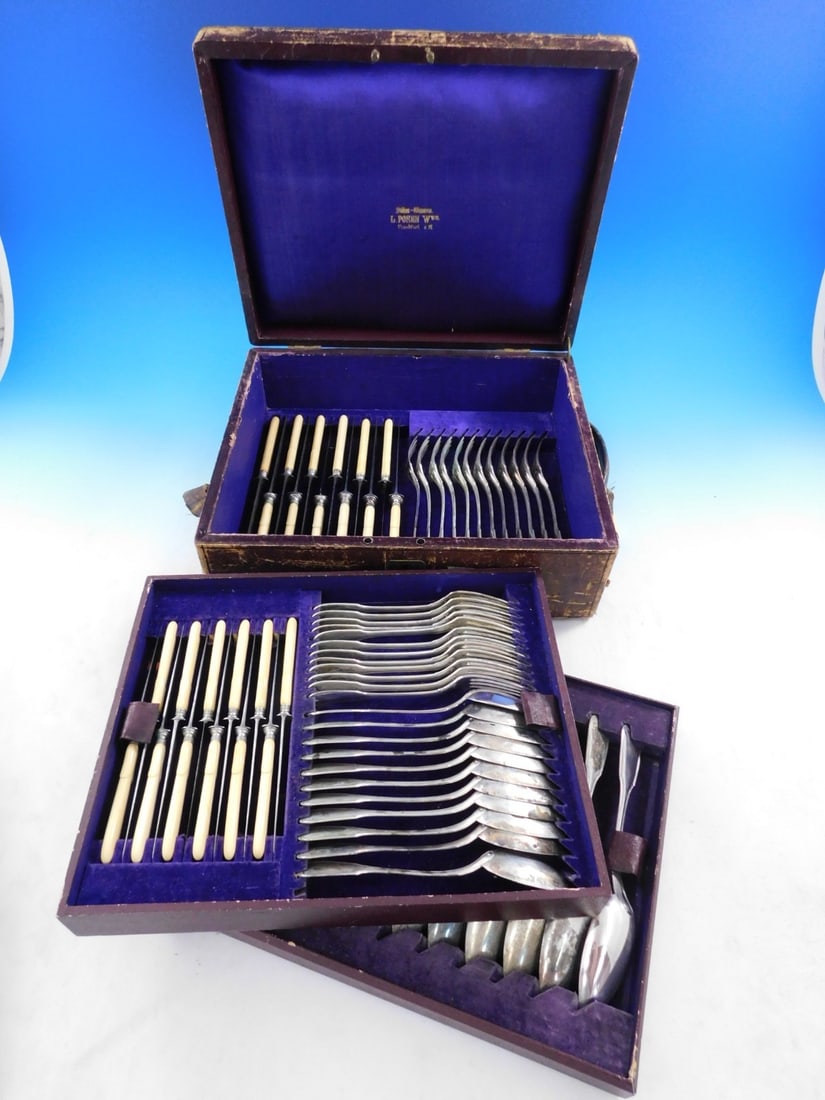 Posen Fiddle Thread 800 Silver Flatware Set 71 Pieces Germany: Posen Fiddle Thread 800 Silver Flatware Set 71 Pieces Germany This exquisite vintage flatware set features the Fiddle Thread pattern, crafted in Germany from 800 silver, dated between 1850 and 1899. T