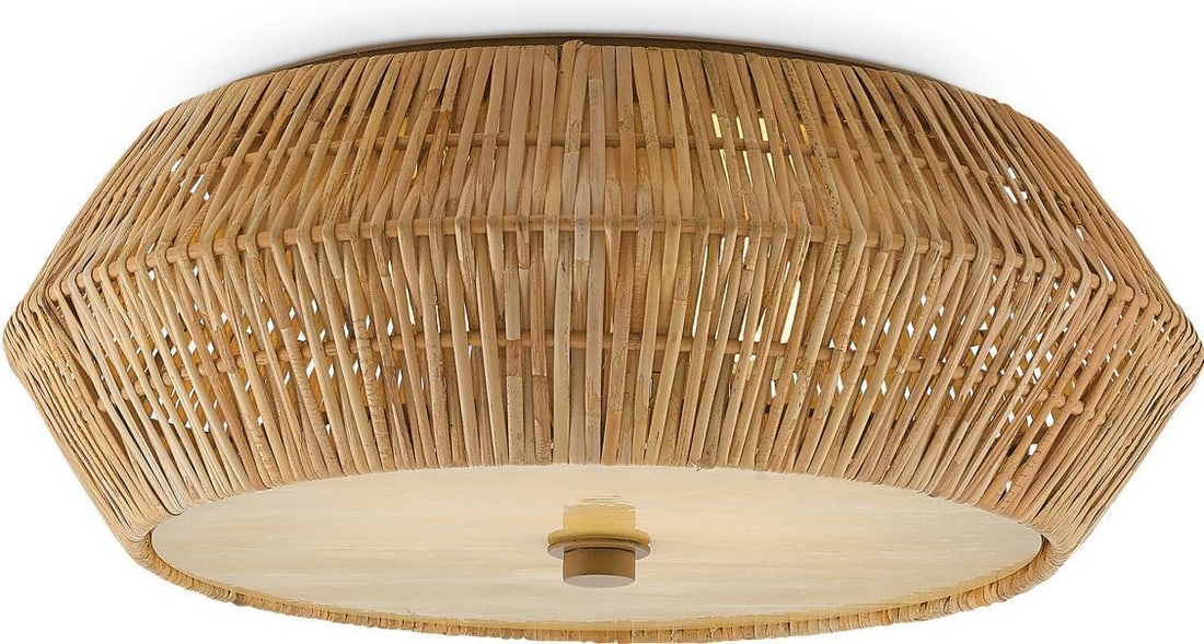 Currey Antibes Rattan Flush Mount Light Fixture 18.25 Natural Finish: Currey Antibes Rattan Flush Mount Light Fixture 18.25 Natural Finish Illuminate your space with this Elegant Honey Beige Rattan Flush Mount Fixture, perfect for adding a coastal charm to any room. Thi