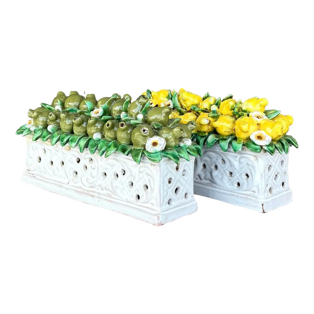 Pair of Vintage Boho Glazed Ceramic Planters White: Pair of Vintage Boho Glazed Ceramic Planters White Enhance your home decor with this stylish pair of Vintage Boho Glazed Ceramic Planters. Featuring intricate designs and a vibrant glaze, these plante