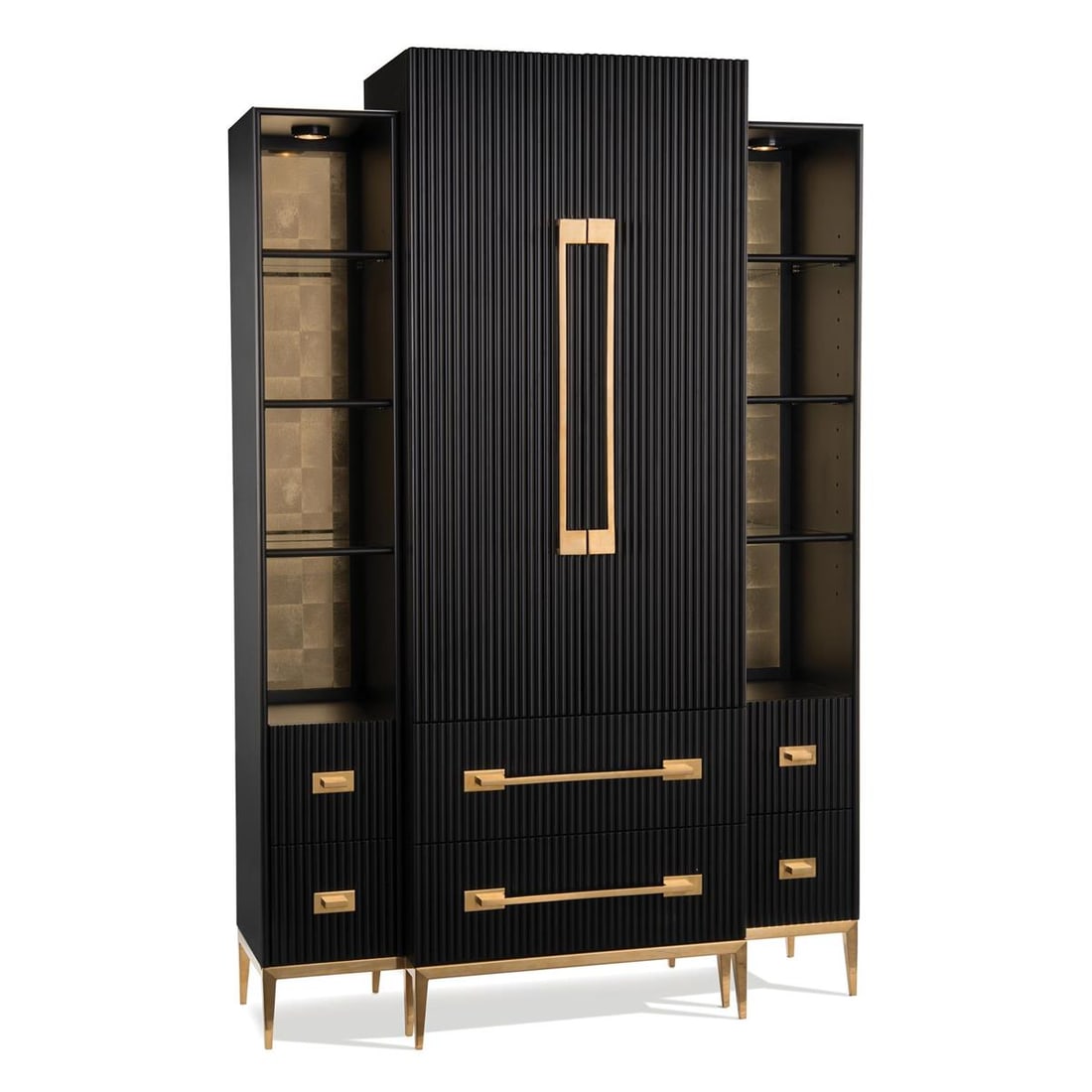 John-Richard 84 Inch Satin Black Wood Cabinet with Drawers: John-Richard 84 Inch Satin Black Wood Cabinet with Drawers This elegant Traditional Satin Black Cabinet is crafted from wood and features a striking breakfront shape. Designed to enhance any space, th