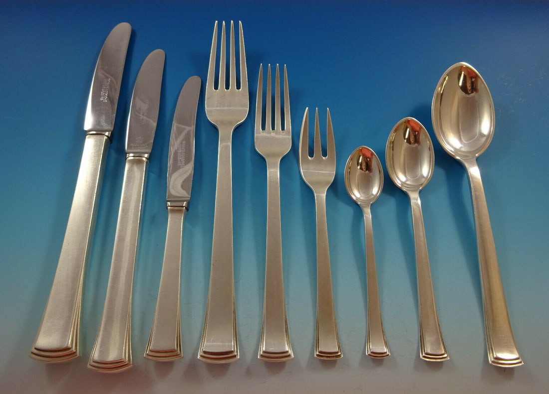 Evald Nielsen Kongo #32 Art Deco 830 Silver Flatware Set 78 Pcs Rare: Evald Nielsen Kongo #32 Art Deco 830 Silver Flatware Set 78 Pcs Rare Introducing a rare and exquisite Kongo #32 flatware set by Evald Nielsen, crafted from 830 silver and embodying the elegance of Art