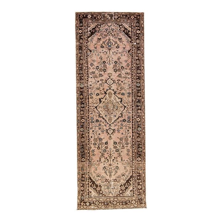 Vintage Handmade Floral Wool Runner 3'8 x 10'3 Peach: Vintage Handmade Floral Wool Runner 3'8 x 10'3 Peach Enhance your space with this stunning Vintage Floral hand-knotted wool runner from the 1950s. Featuring a charming brown field adorned with a geome