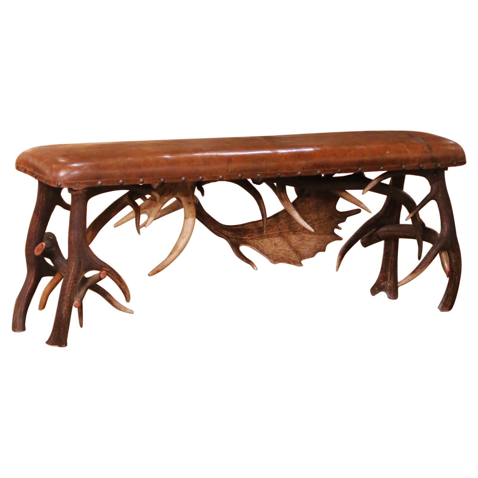 Austrian Black Forest Style Antler and Leather Lodge Bench Circa 1930: Austrian Black Forest Style Antler and Leather Lodge Bench Circa 1930 This early 20th century Austrian Black Forest bench features a hand-crafted base made from naturally shed deer antlers, assembled