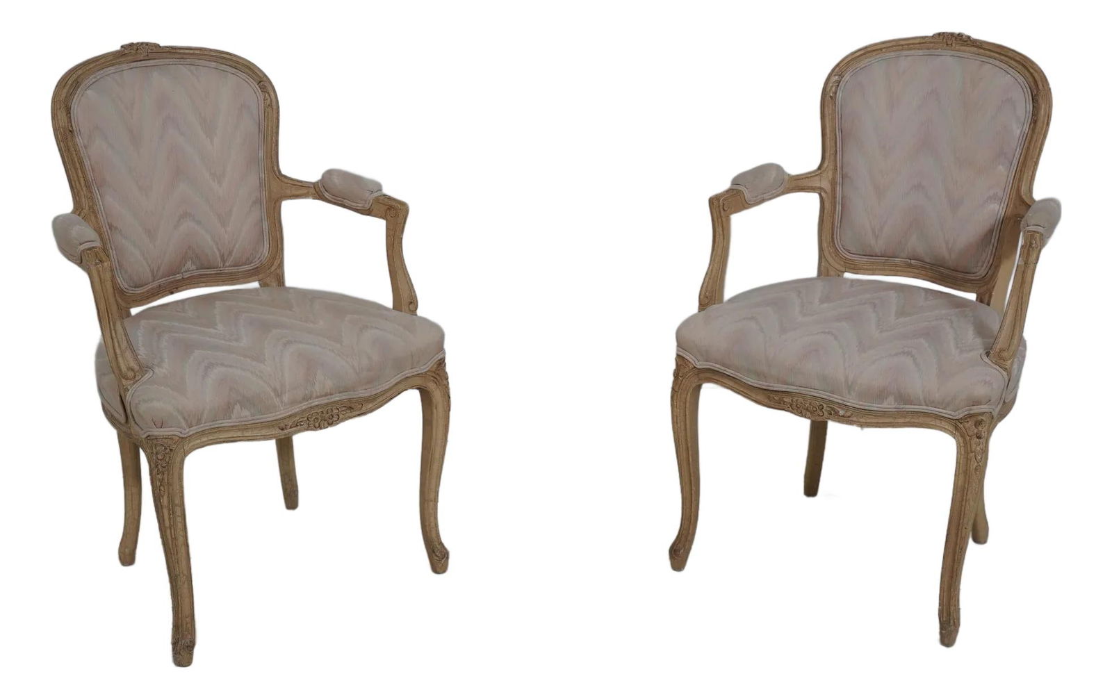 Elegant Pair of French Louis XV Upholstered Armchairs: Elegant Pair of French Louis XV Upholstered Armchairs This exquisite pair of French Louis XV upholstered open armchairs showcases quality construction and a charming crackle painted finish. Designed i