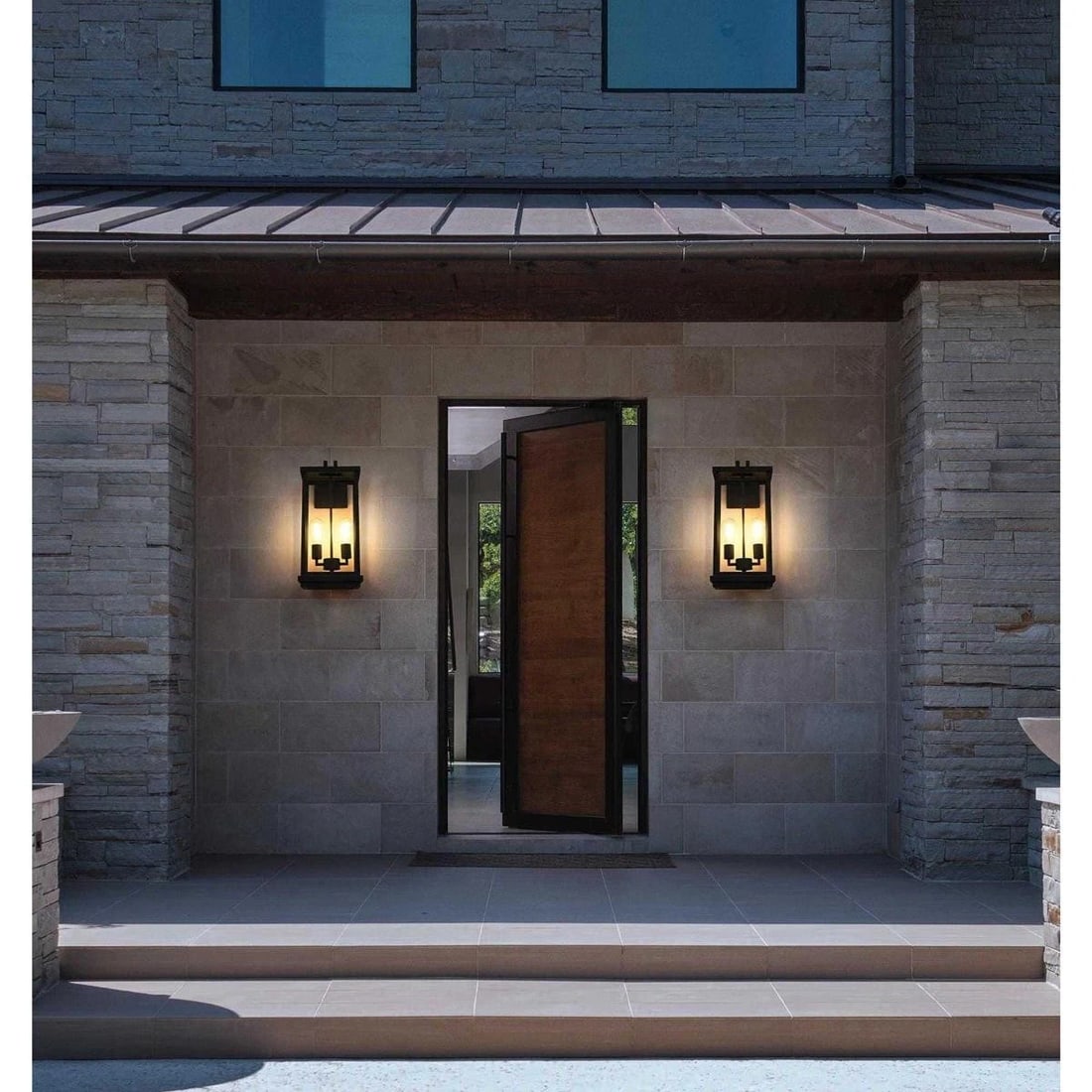 Theodore 20.5" Black Outdoor Wall Sconce 2 Light Clear Glass Lantern: Theodore 20.5" Black Outdoor Wall Sconce 2 Light Clear Glass Lantern Enhance your outdoor spaces with this elegant Wall Sconce Light Fixture, designed for both functionality and style. Featuring a tra