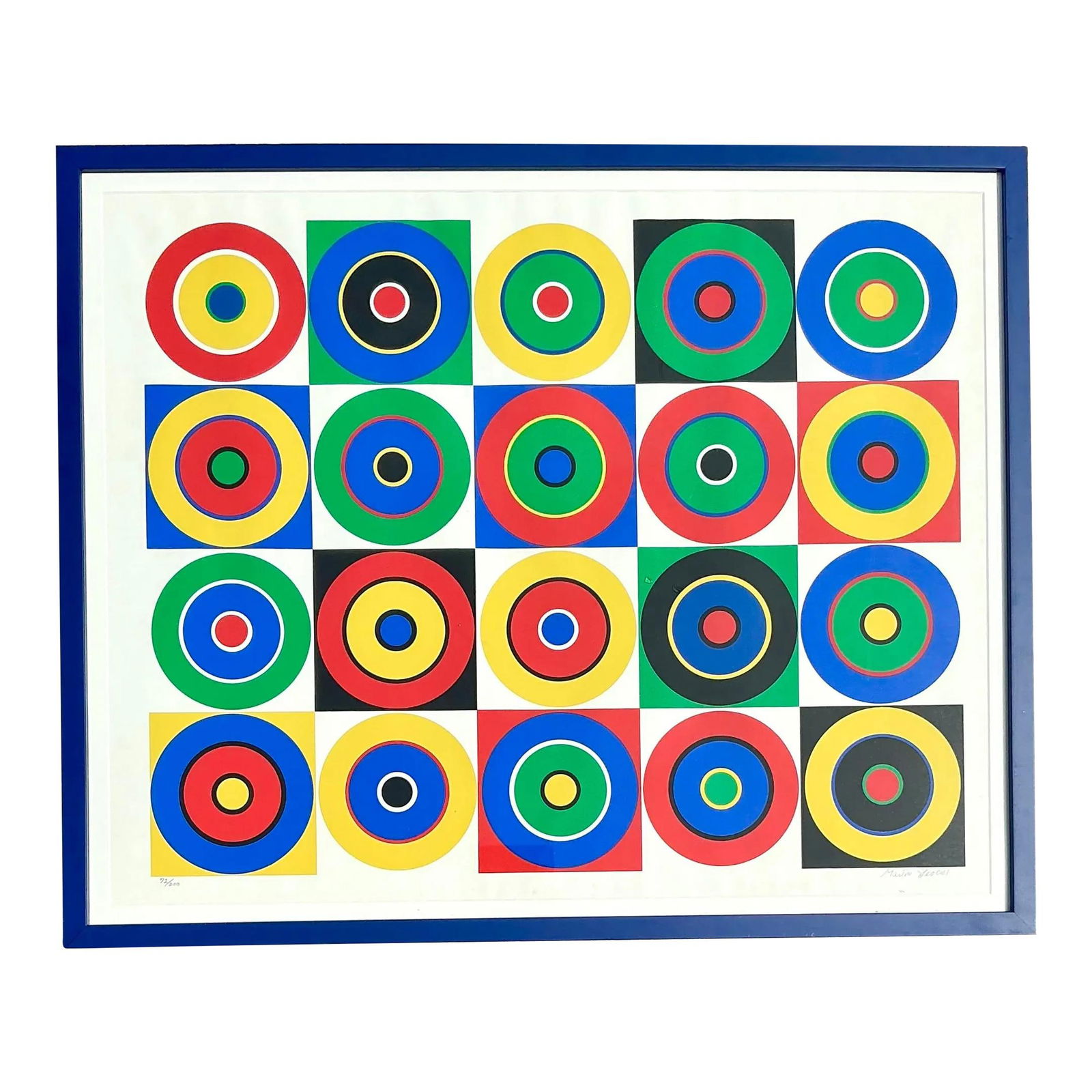 Vintage Boho Original Bullseye Lithograph 36.5 x 30 Royal Blue: Vintage Boho Original Bullseye Lithograph 36.5 x 30 Royal Blue Brighten your living space with this Vintage Boho Original Primary Bullseye Lithograph on Paper. Featuring a stunning bullseye design in