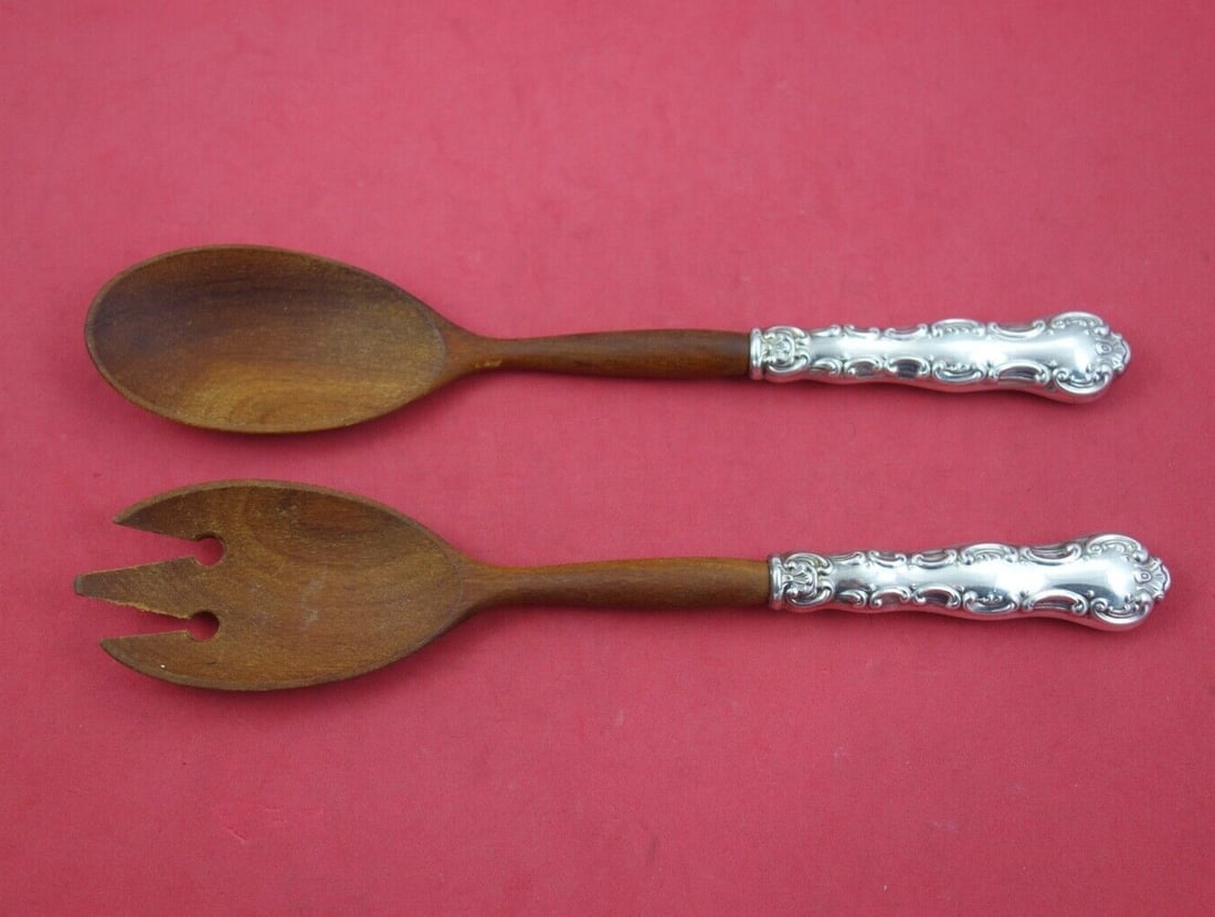 Birks Pompadour Sterling Silver Salad Serving Set with Wood 9 3/4 in: Birks Pompadour Sterling Silver Salad Serving Set with Wood 9 3/4 in This exquisite Pompadour salad serving set by Birks is crafted from high-quality sterling silver and features elegant wooden handle