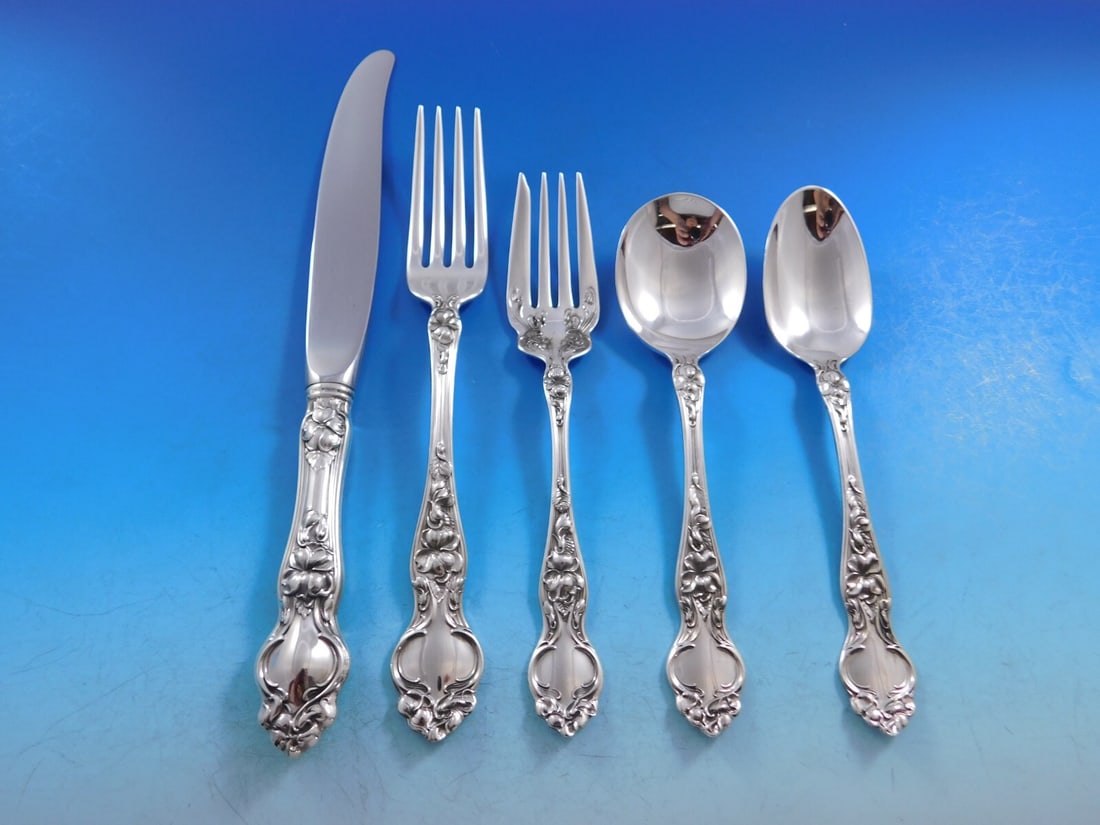 Wallace Violet Sterling Silver Flatware Set for 12 60 pcs Art Nouveau: Wallace Violet Sterling Silver Flatware Set for 12 60 pcs Art Nouveau Enhance your dining experience with the Violet by Wallace Sterling Silver Flatware Service for 12. This exquisite set features a s