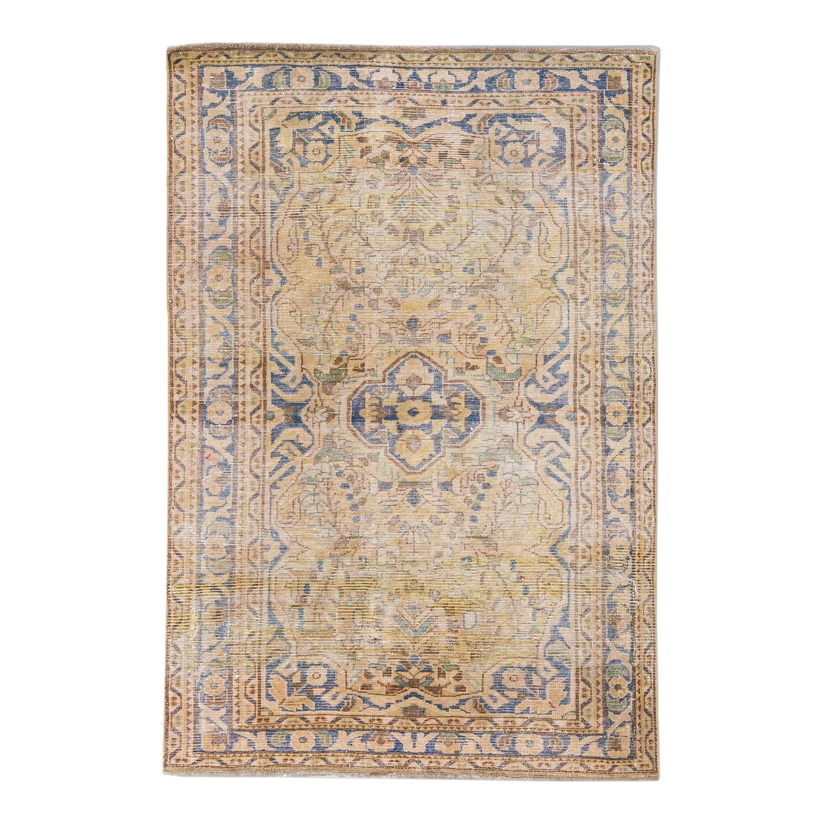 Vintage Persian Handmade Distressed Wool Rug 3'5" x 5'1" Medallion Beige: Vintage Persian Handmade Distressed Wool Rug 3'5" x 5'1" Medallion Beige This stunning vintage Persian rug features a distressed hand-knotted design crafted from high-quality wool. The rug showcases a