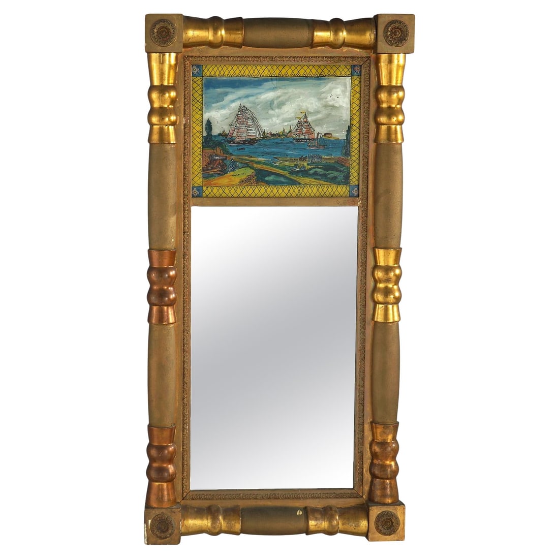 Antique American Classical Empire Giltwood Wall Mirror C1840 Eglomise Design: Antique American Classical Empire Giltwood Wall Mirror C1840 Eglomise Design This exquisite Antique American Classical Empire Wall Mirror is a stunning representation of early 19th-century craftsmansh