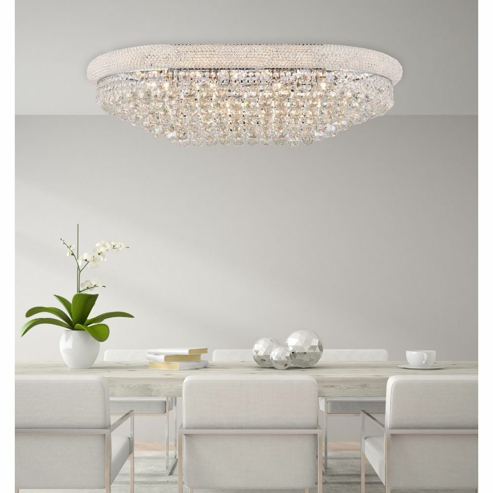 Primo 24-Light Chrome Crystal Flush Mount Chandelier 40 Inch Elegant Design: Primo 24-Light Chrome Crystal Flush Mount Chandelier 40 Inch Elegant Design Elevate your space with this exquisite 24-light flush mount chandelier, designed to enhance the ambiance of any room. Featur