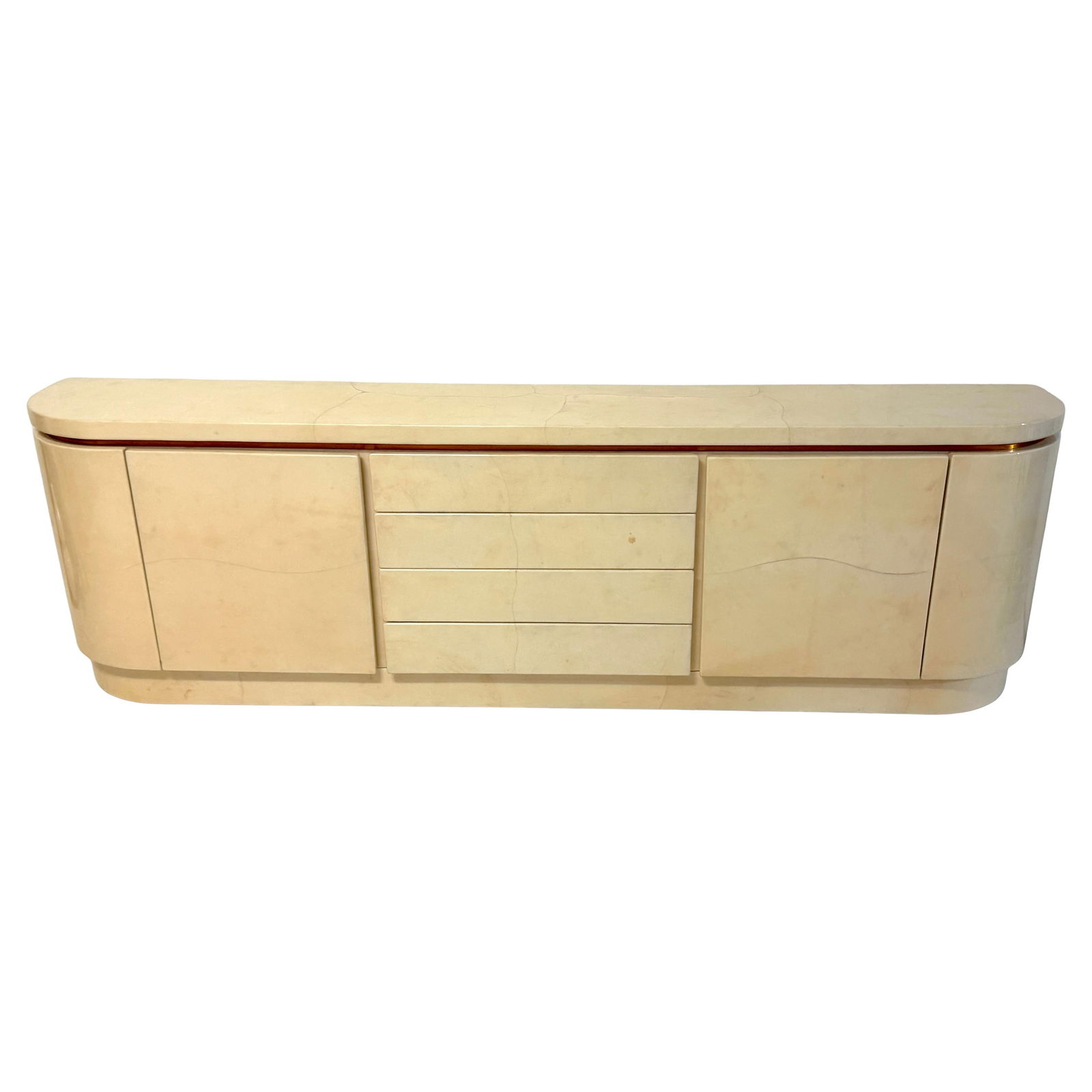 Mid Century Goatskin Lacquer Sideboard Attributed to Karl Springer Monumental Scale: Mid Century Goatskin Lacquer Sideboard Attributed to Karl Springer Monumental Scale This monumental credenza, attributed to Karl Springer, exemplifies luxury craftsmanship with its hand-applied goatsk