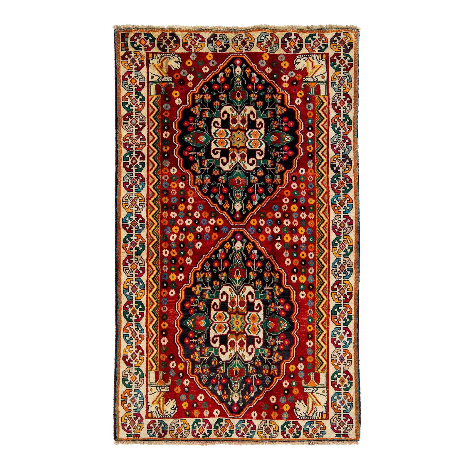 Handmade Vintage Shiraz Persian Wool Rug Red 4' x 6'8: Handmade Vintage Shiraz Persian Wool Rug Red 4' x 6'8 Enhance your space with this exquisite Handmade Allover Vintage Shiraz Persian Wool Rug. Featuring a rich red field adorned with multicolor accent