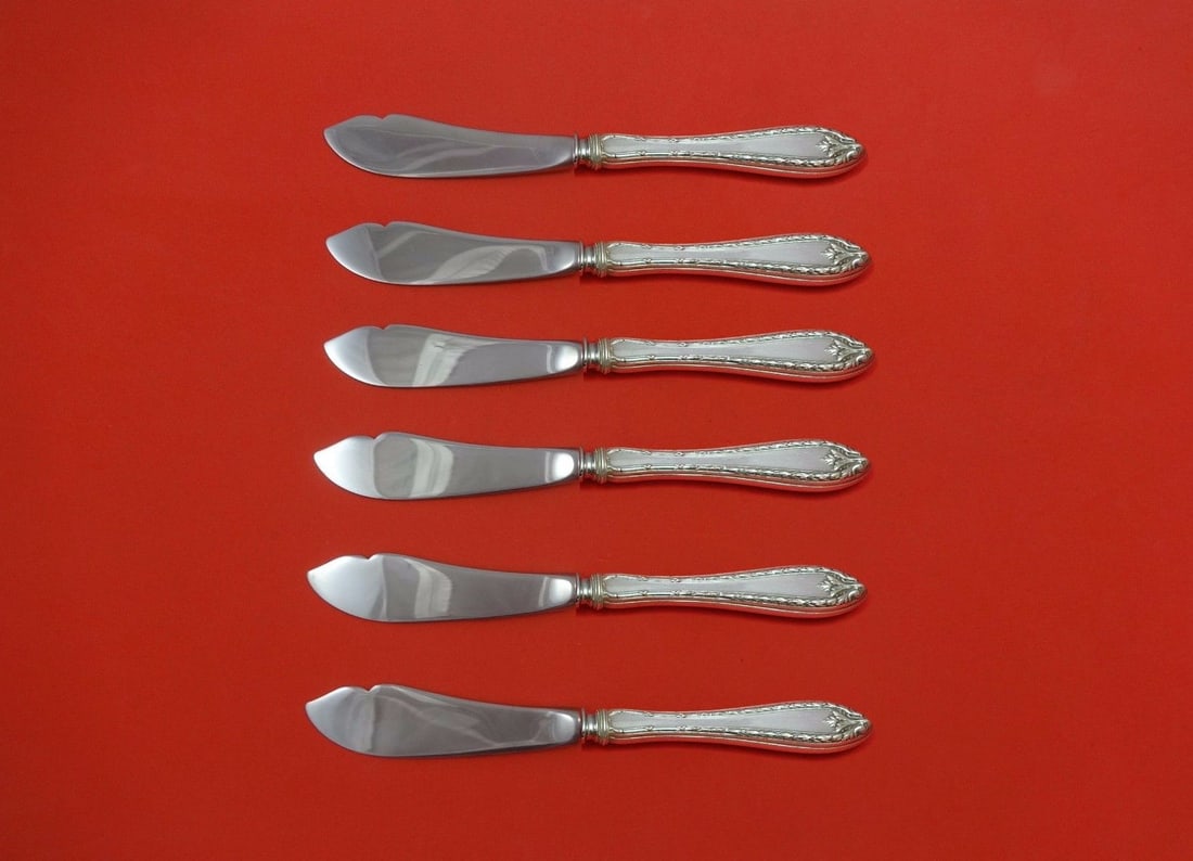 Dominick & Haff Marie Antoinette Sterling Silver 6pc Trout Knife Set: Dominick & Haff Marie Antoinette Sterling Silver 6pc Trout Knife Set Introducing the exquisite Marie Antoinette Sterling Trout Knife Set, crafted by Dominick & Haff. This 6-piece set features a stunni
