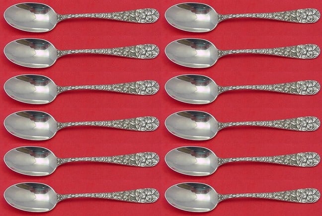 Schofield Sterling Silver Teaspoon Set of 12 Baltimore Rose 6 Inch: Schofield Sterling Silver Teaspoon Set of 12 Baltimore Rose 6 Inch This exquisite set of 12 teaspoons showcases the elegant Baltimore Rose pattern by Schofield, crafted from high-quality sterling silv
