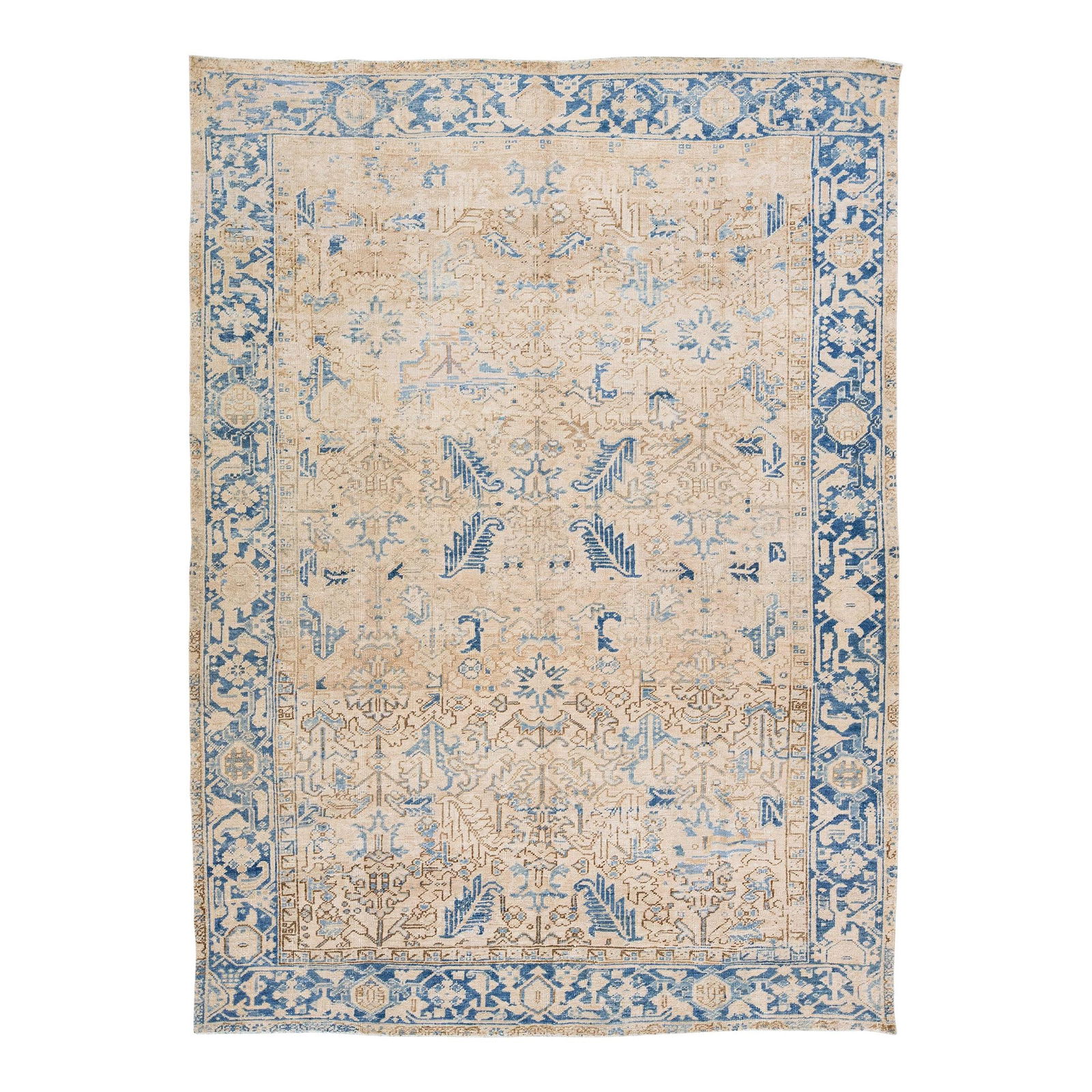 Antique Persian Heriz Beige Wool Rug 7'2 x 9'8 Geometric Design: Antique Persian Heriz Beige Wool Rug 7'2 x 9'8 Geometric Design This exquisite antique Persian Heriz rug features a hand-knotted wool construction with a warm beige field. It showcases a striking blue