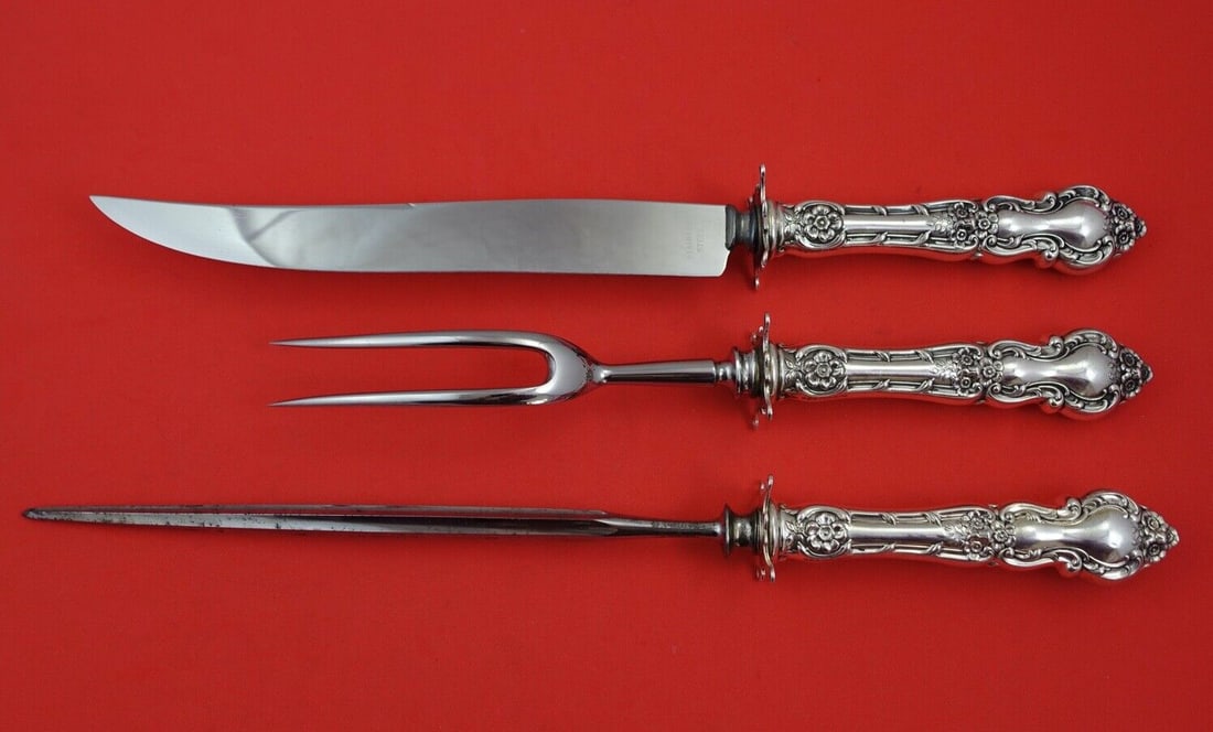 Wallace Meadow Rose Sterling Silver 3-Piece Roast Carving Set: Wallace Meadow Rose Sterling Silver 3-Piece Roast Carving Set This exquisite 3-piece roast carving set features the elegant Meadow Rose pattern by Wallace, crafted from high-quality sterling silver. T